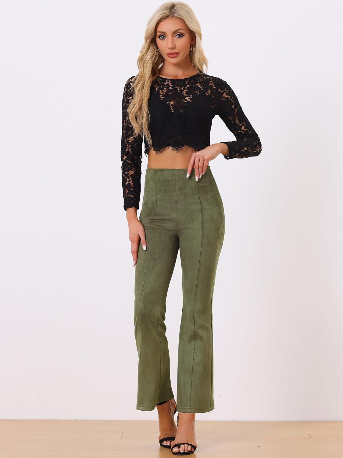 imageAllegra K Womens Faux Suede Pants Business Casual Wide Legs Bell Bottom Flared TrousersArmy Green