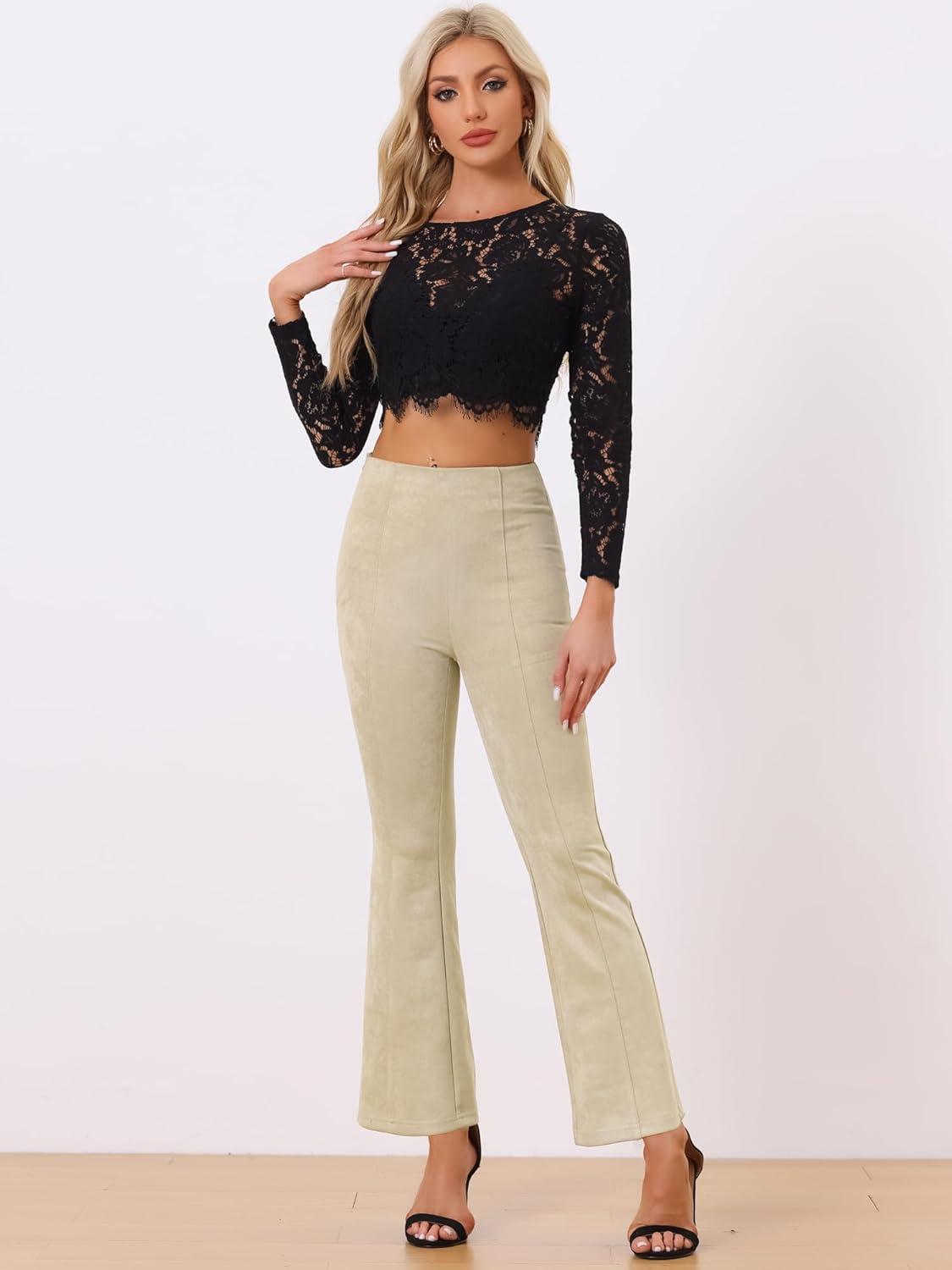 imageAllegra K Womens Faux Suede Pants Business Casual Wide Legs Bell Bottom Flared TrousersBeige
