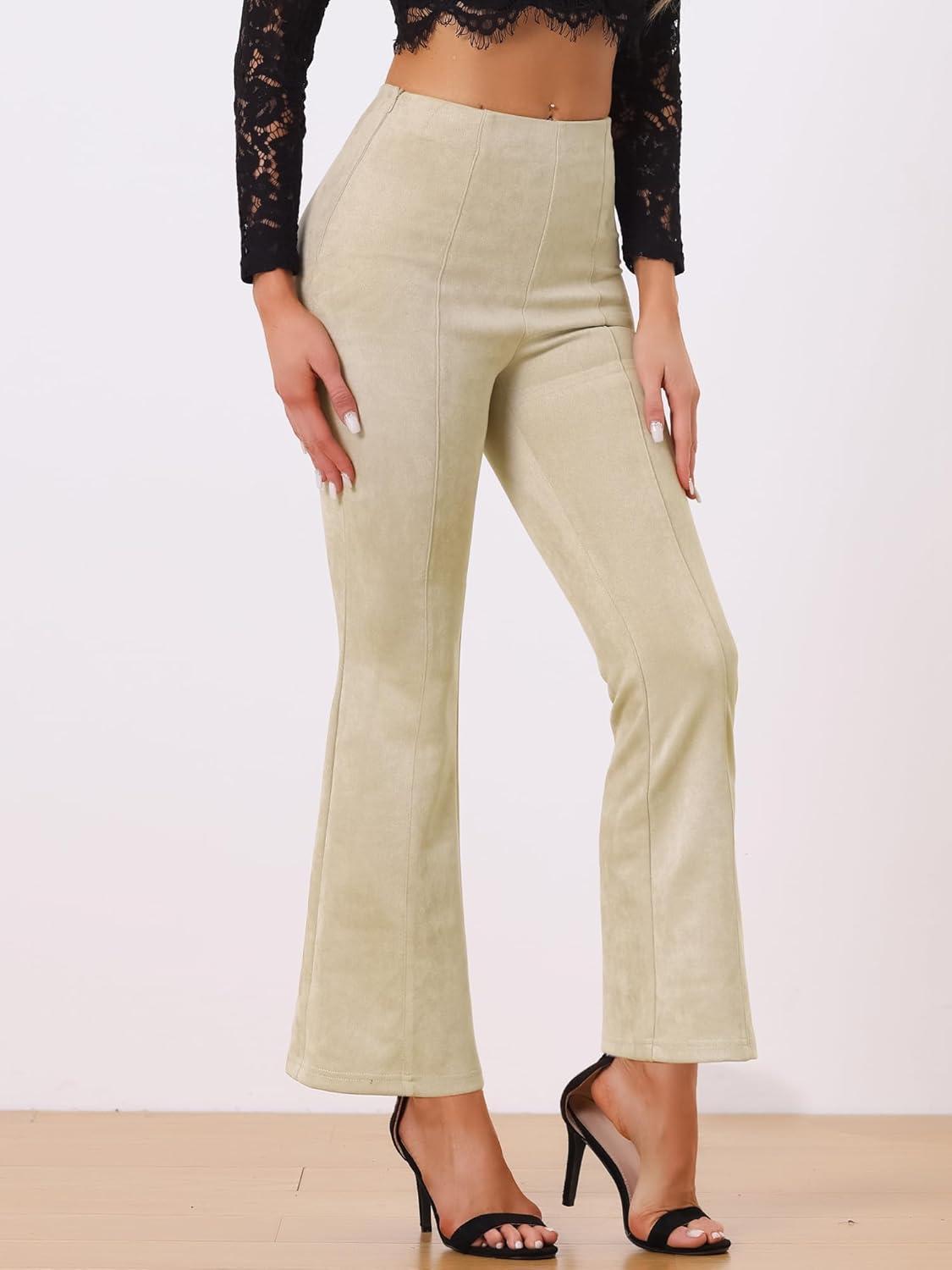 imageAllegra K Womens Faux Suede Pants Business Casual Wide Legs Bell Bottom Flared TrousersBeige