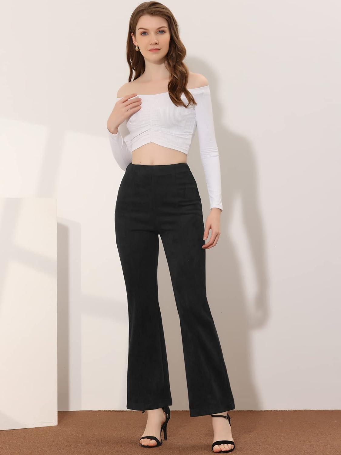 imageAllegra K Womens Faux Suede Pants Business Casual Wide Legs Bell Bottom Flared TrousersBlack