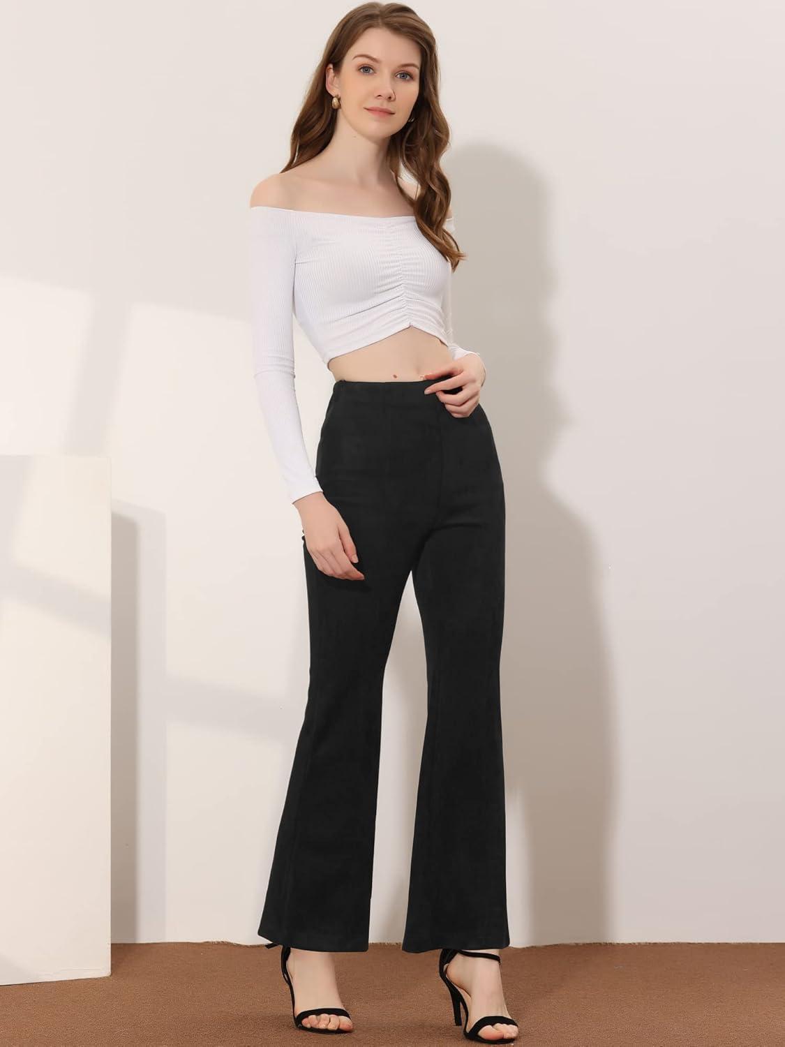 imageAllegra K Womens Faux Suede Pants Business Casual Wide Legs Bell Bottom Flared TrousersBlack