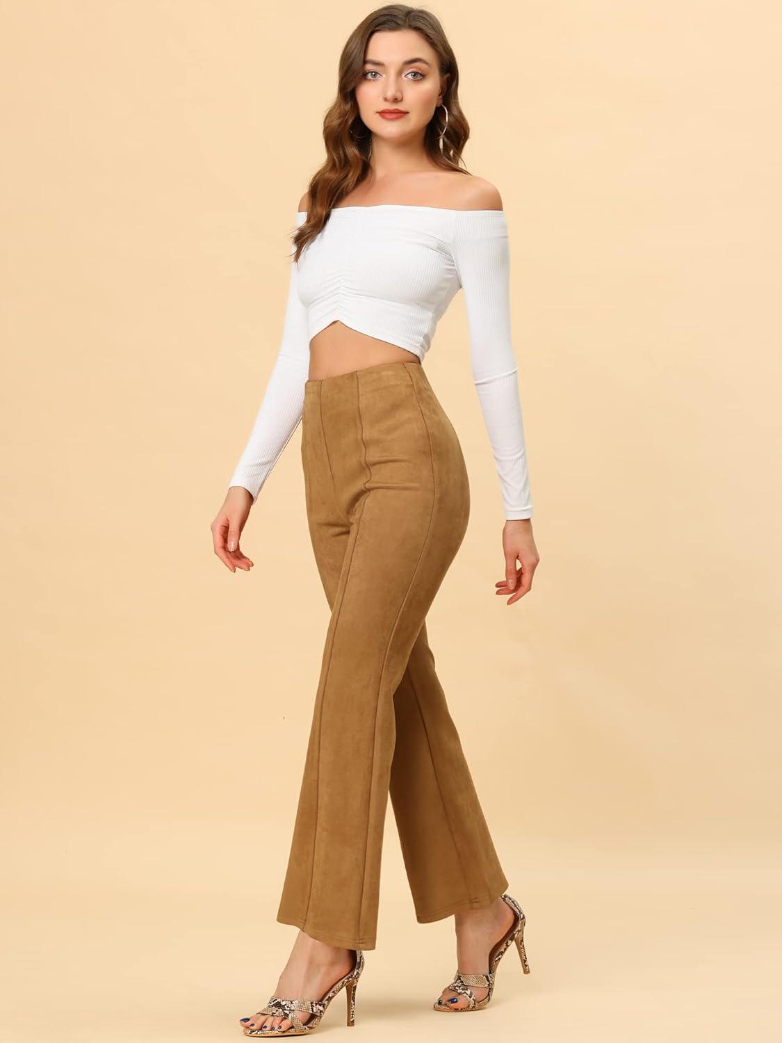 imageAllegra K Womens Faux Suede Pants Business Casual Wide Legs Bell Bottom Flared TrousersBrown