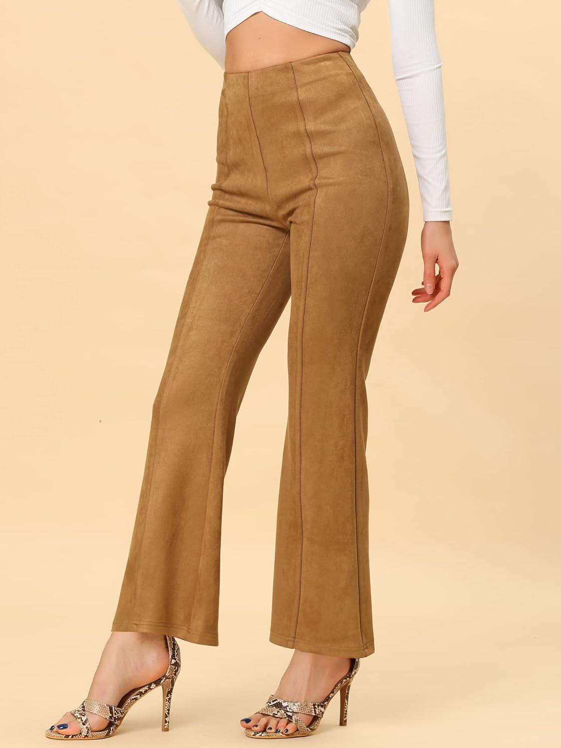 imageAllegra K Womens Faux Suede Pants Business Casual Wide Legs Bell Bottom Flared TrousersBrown