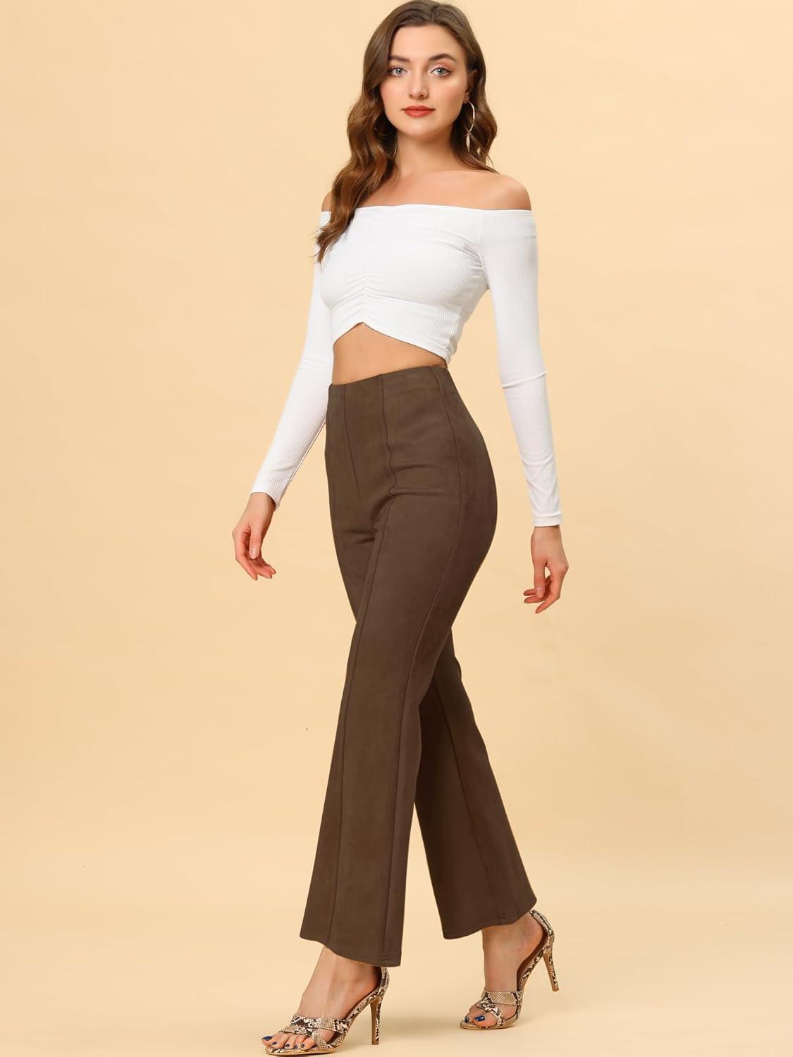 imageAllegra K Womens Faux Suede Pants Business Casual Wide Legs Bell Bottom Flared TrousersDark Brown