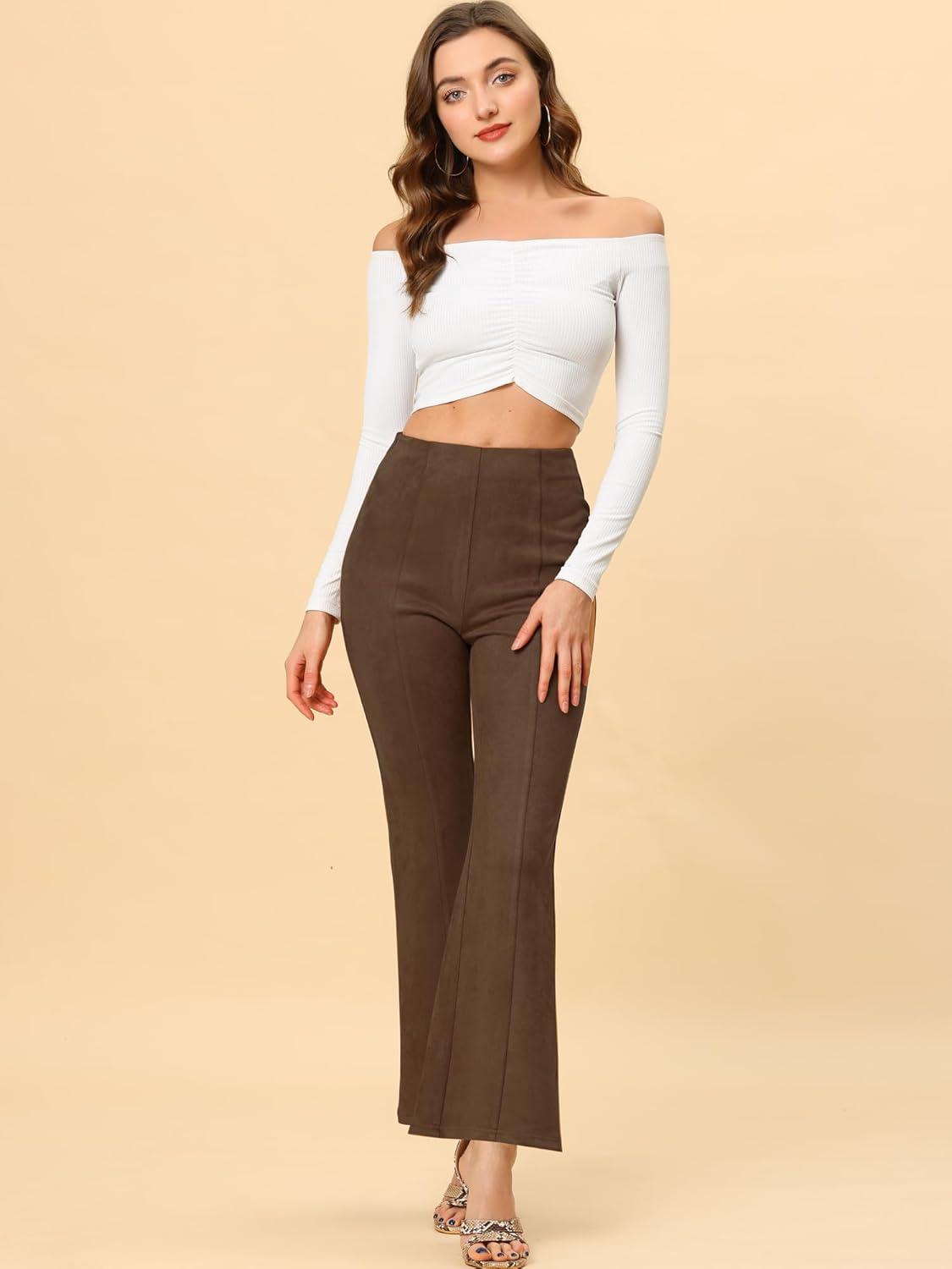 imageAllegra K Womens Faux Suede Pants Business Casual Wide Legs Bell Bottom Flared TrousersDark Brown