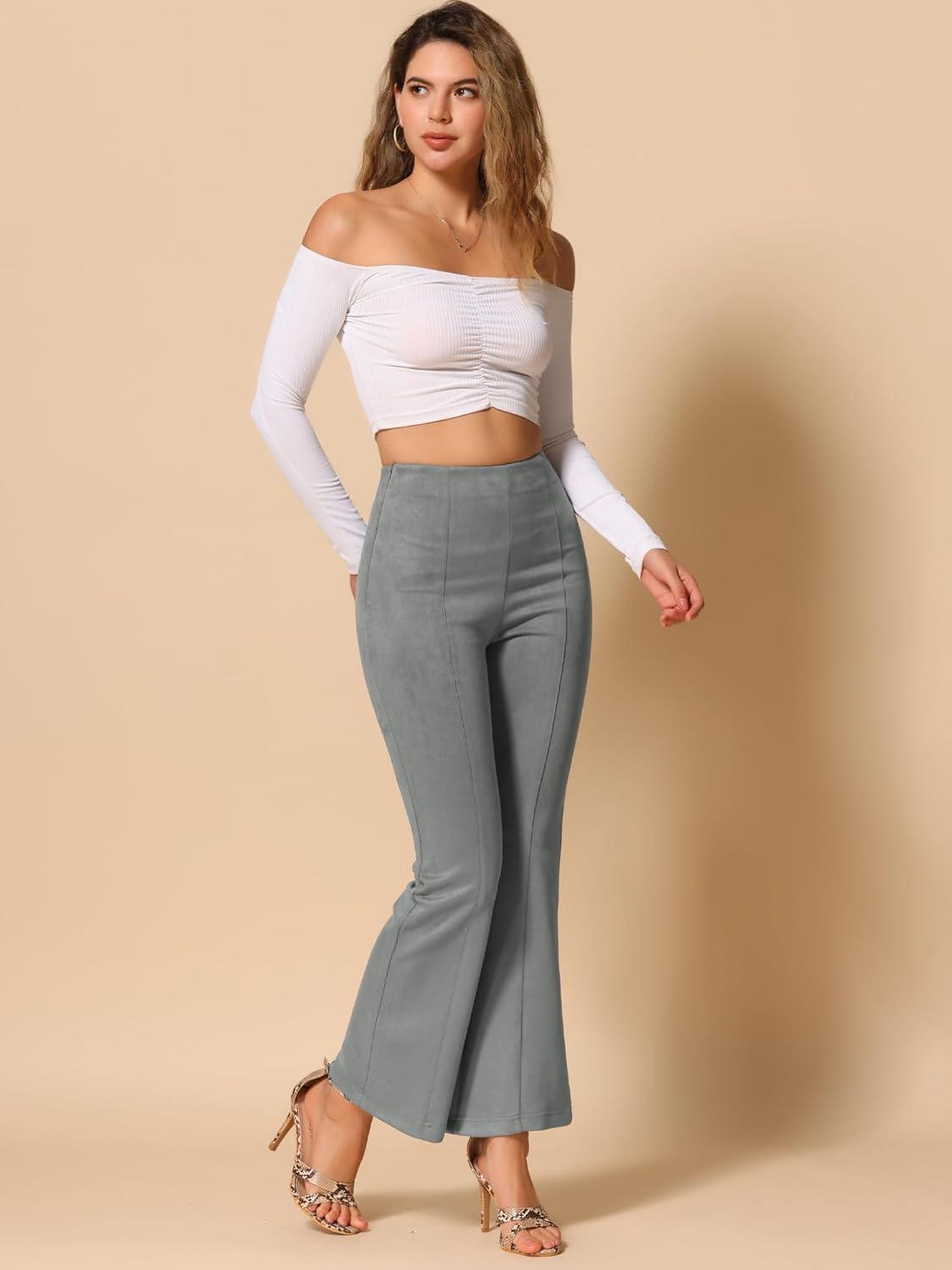 imageAllegra K Womens Faux Suede Pants Business Casual Wide Legs Bell Bottom Flared TrousersGrey