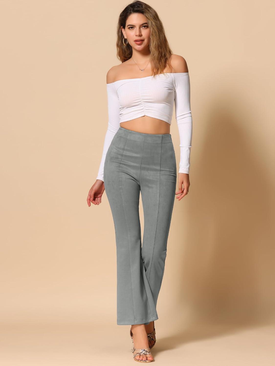 imageAllegra K Womens Faux Suede Pants Business Casual Wide Legs Bell Bottom Flared TrousersGrey