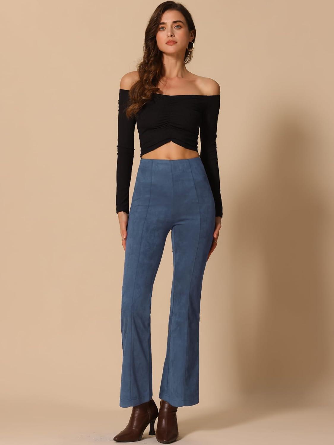 imageAllegra K Womens Faux Suede Pants Business Casual Wide Legs Bell Bottom Flared TrousersNavy Blue