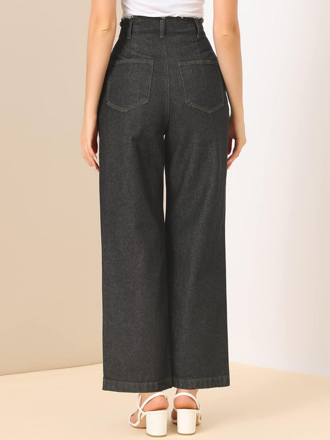 imageAllegra K Womens High Waist Denim Jeans Cotton Trim Long Pants Wide Leg JeansBlack
