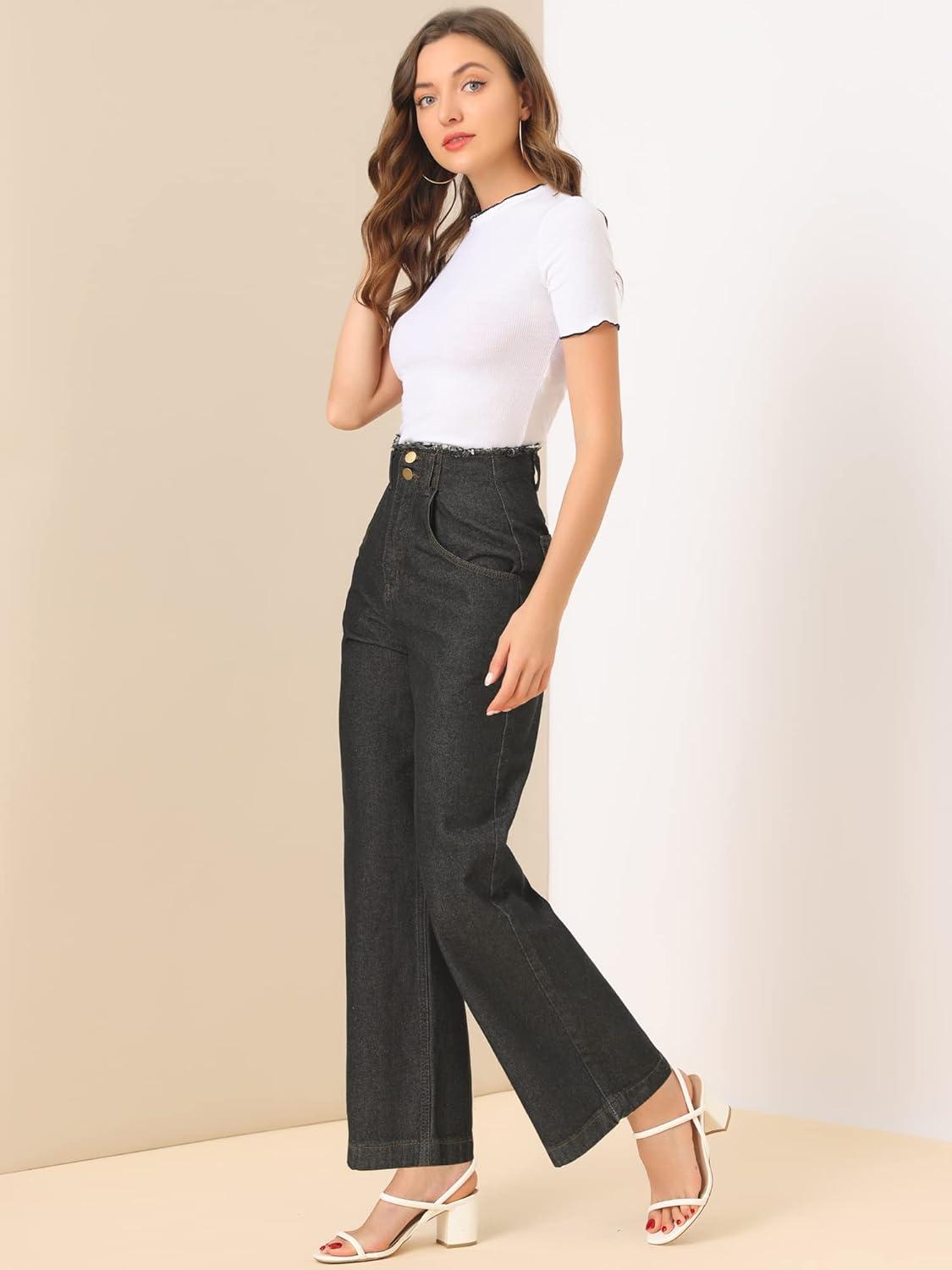 imageAllegra K Womens High Waist Denim Jeans Cotton Trim Long Pants Wide Leg JeansBlack