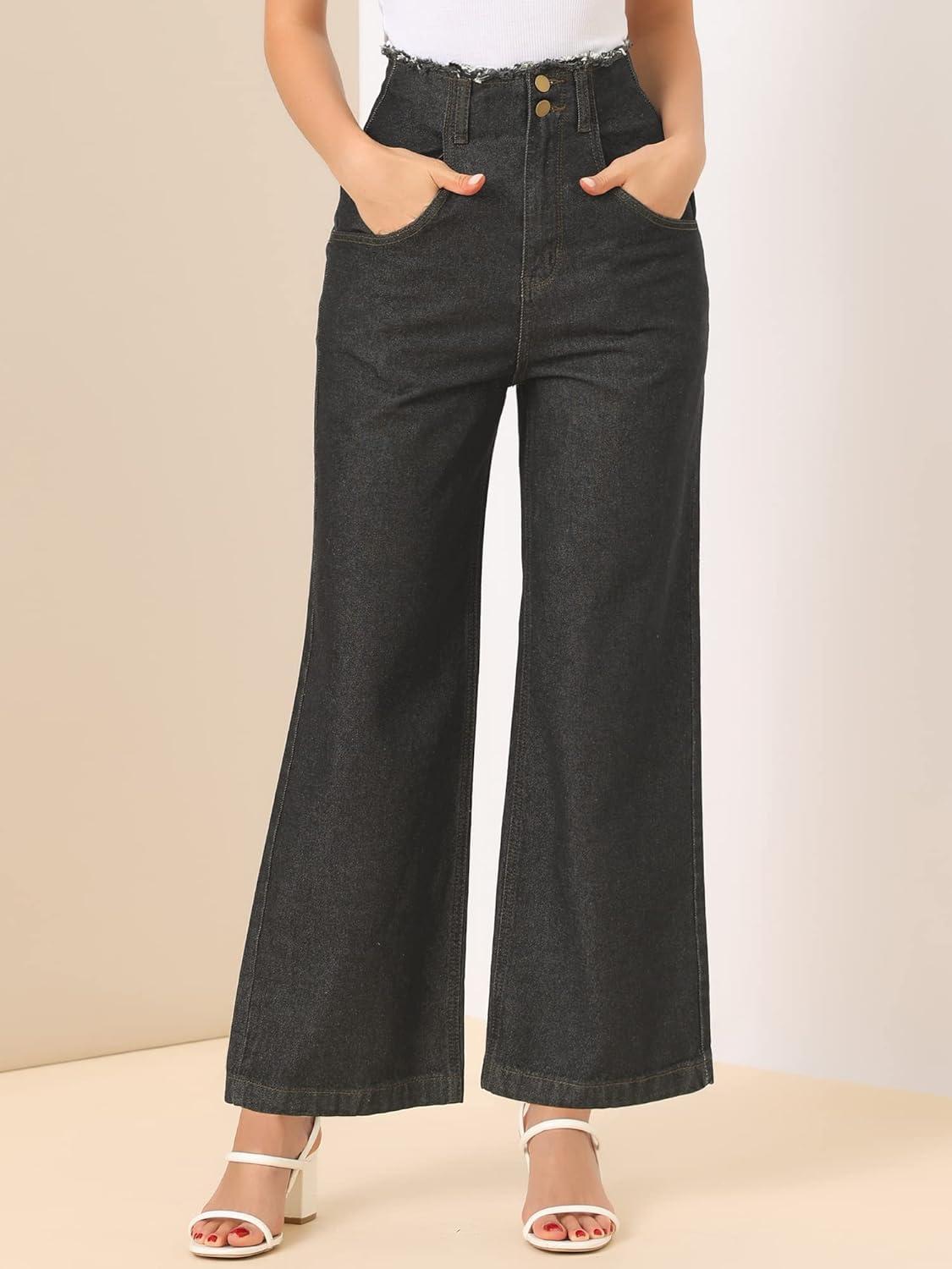 imageAllegra K Womens High Waist Denim Jeans Cotton Trim Long Pants Wide Leg JeansBlack