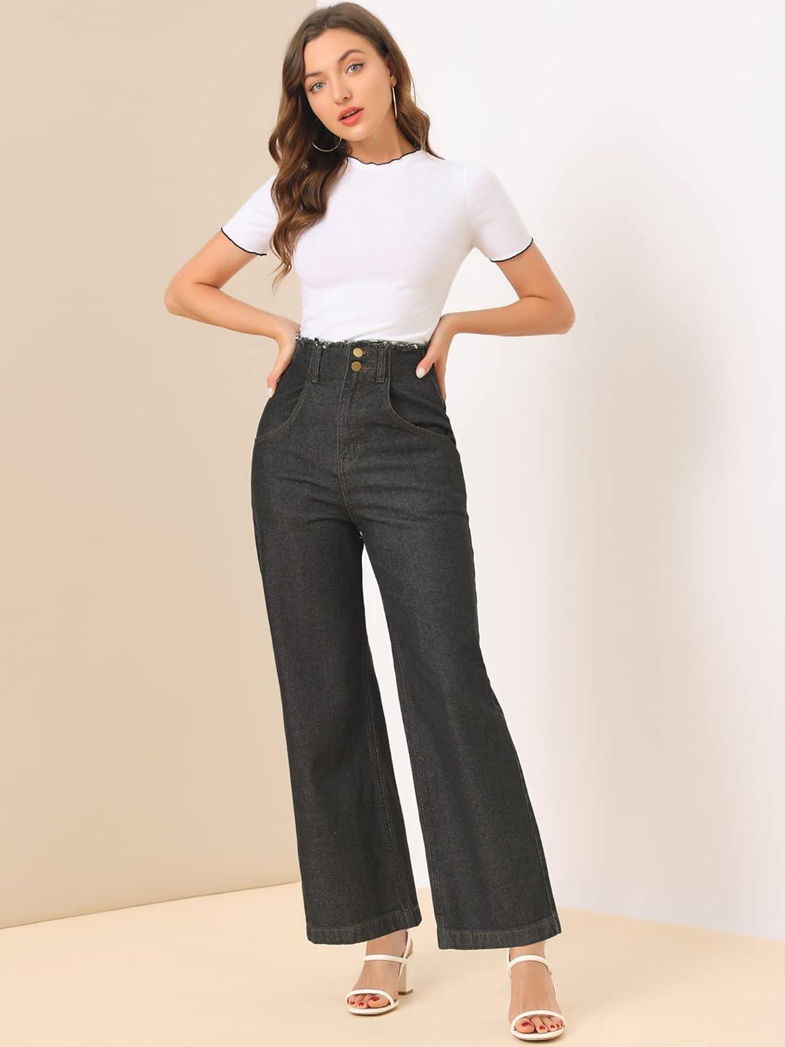 imageAllegra K Womens High Waist Denim Jeans Cotton Trim Long Pants Wide Leg JeansBlack