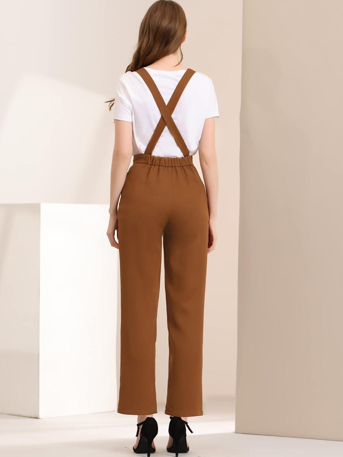 imageAllegra K Womens Overalls Wide Leg Pants Slant Pocket Long Suspenders JumpsuitBrown