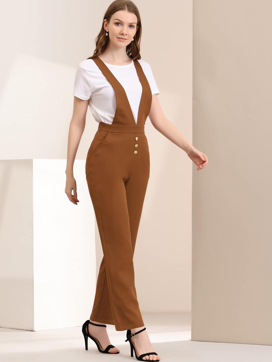 imageAllegra K Womens Overalls Wide Leg Pants Slant Pocket Long Suspenders JumpsuitBrown