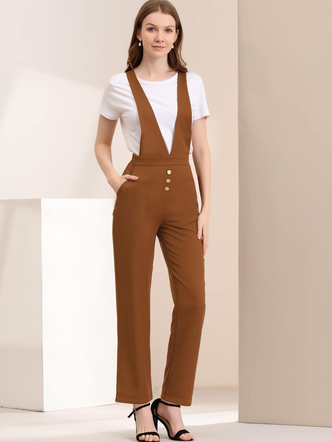 imageAllegra K Womens Overalls Wide Leg Pants Slant Pocket Long Suspenders JumpsuitBrown