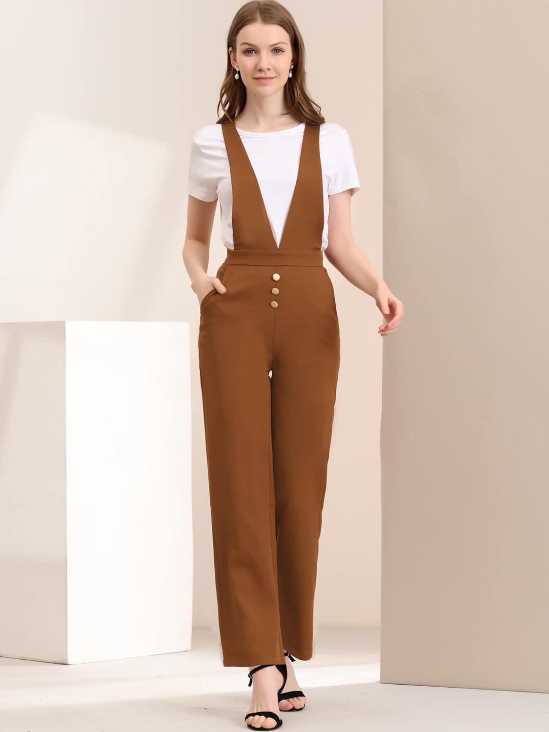 imageAllegra K Womens Overalls Wide Leg Pants Slant Pocket Long Suspenders JumpsuitBrown