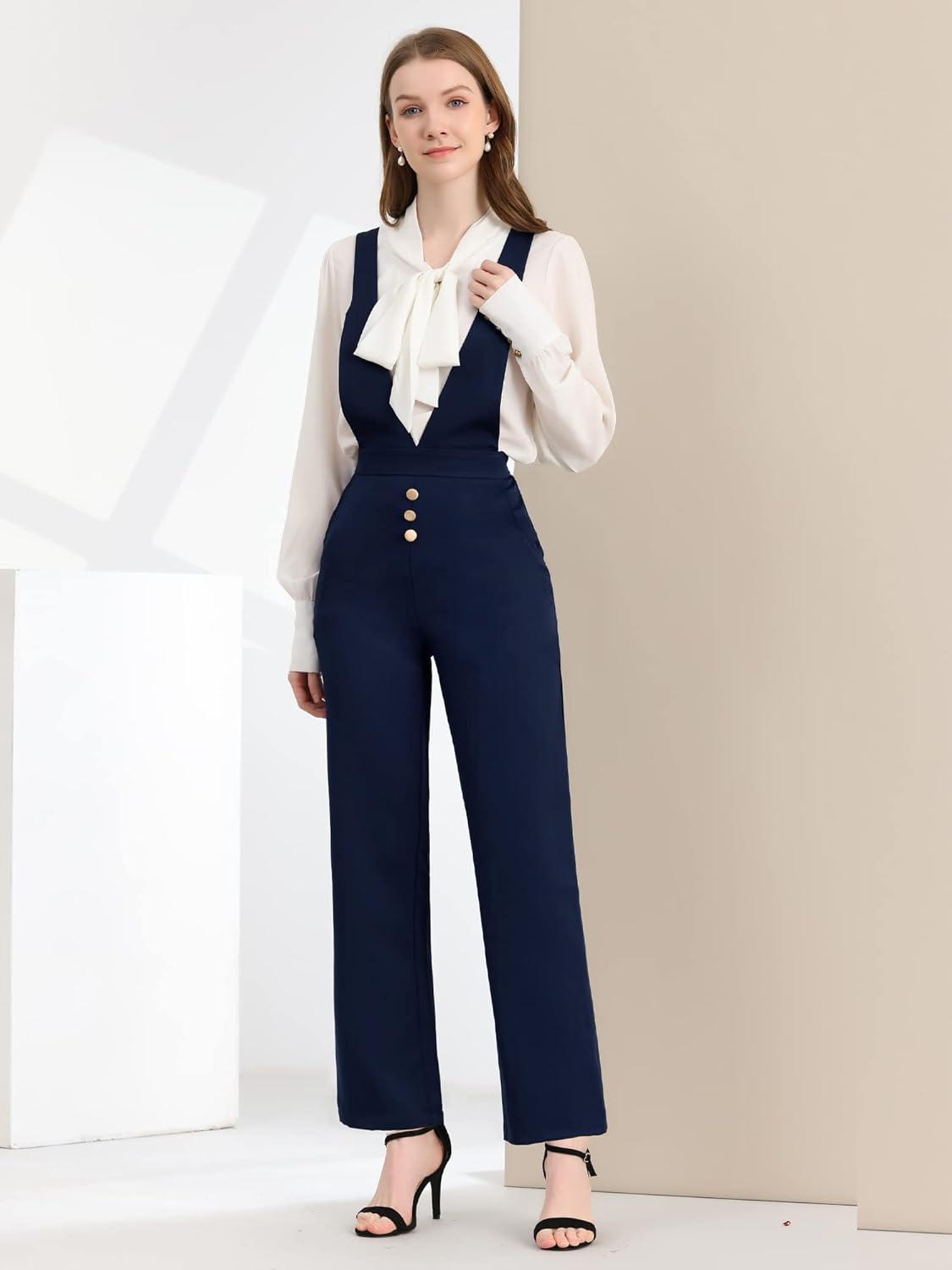 imageAllegra K Womens Overalls Wide Leg Pants Slant Pocket Long Suspenders JumpsuitDark Blue