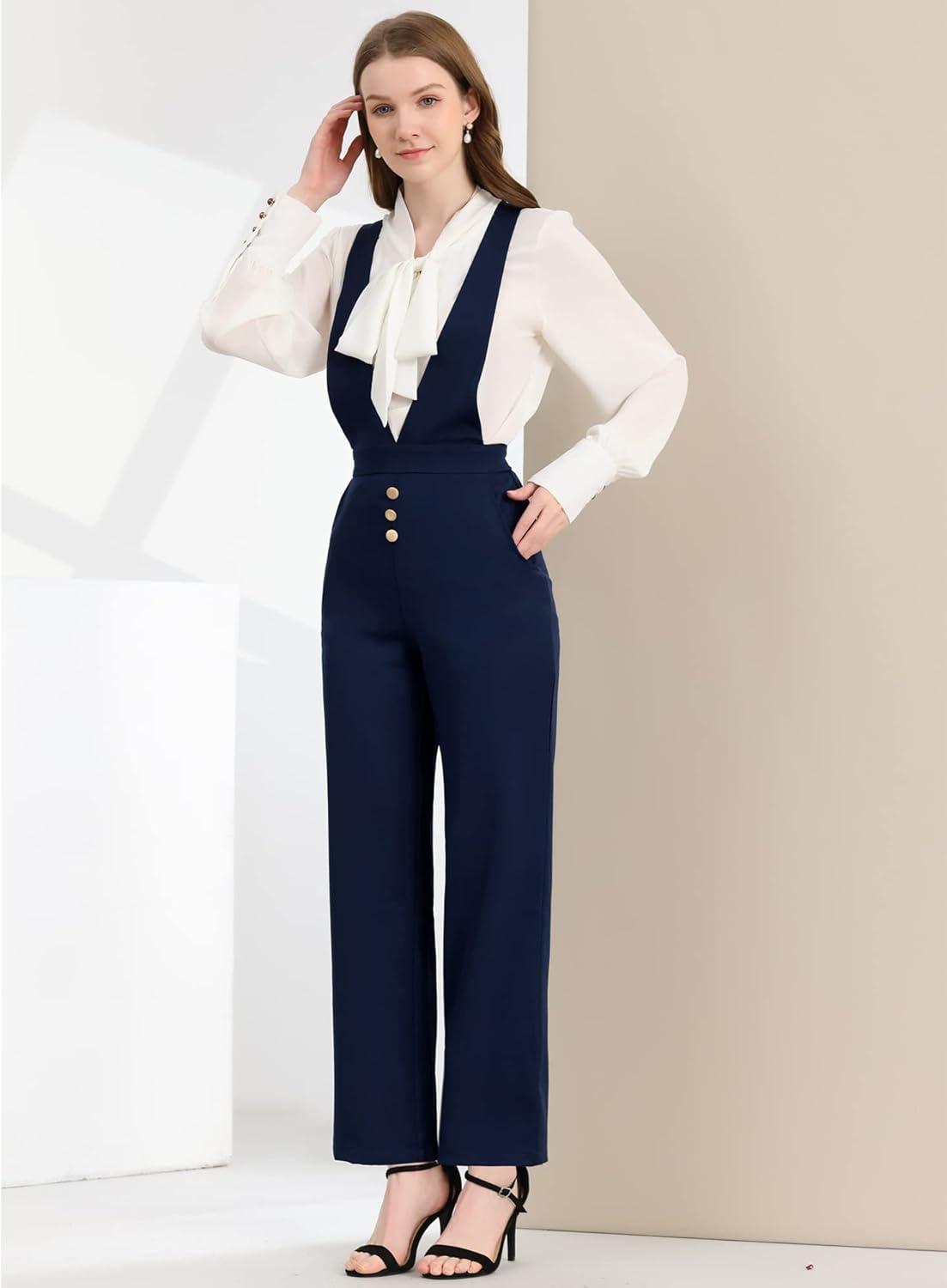 imageAllegra K Womens Overalls Wide Leg Pants Slant Pocket Long Suspenders JumpsuitDark Blue
