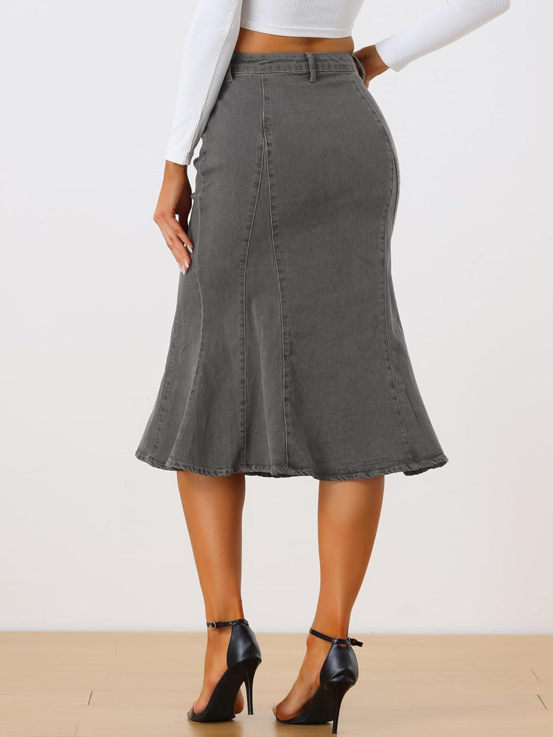imageAllegra K Womens Ruffle Denim Skirt Midi Bodycon High Waist Fishtail Jean SkirtsBlack Gray