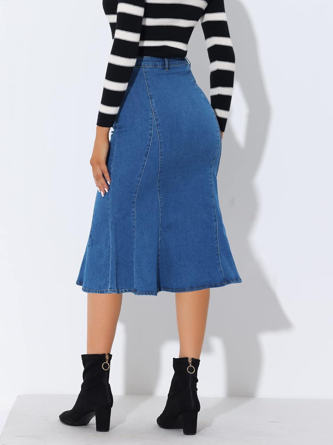 imageAllegra K Womens Ruffle Denim Skirt Midi Bodycon High Waist Fishtail Jean SkirtsBlue