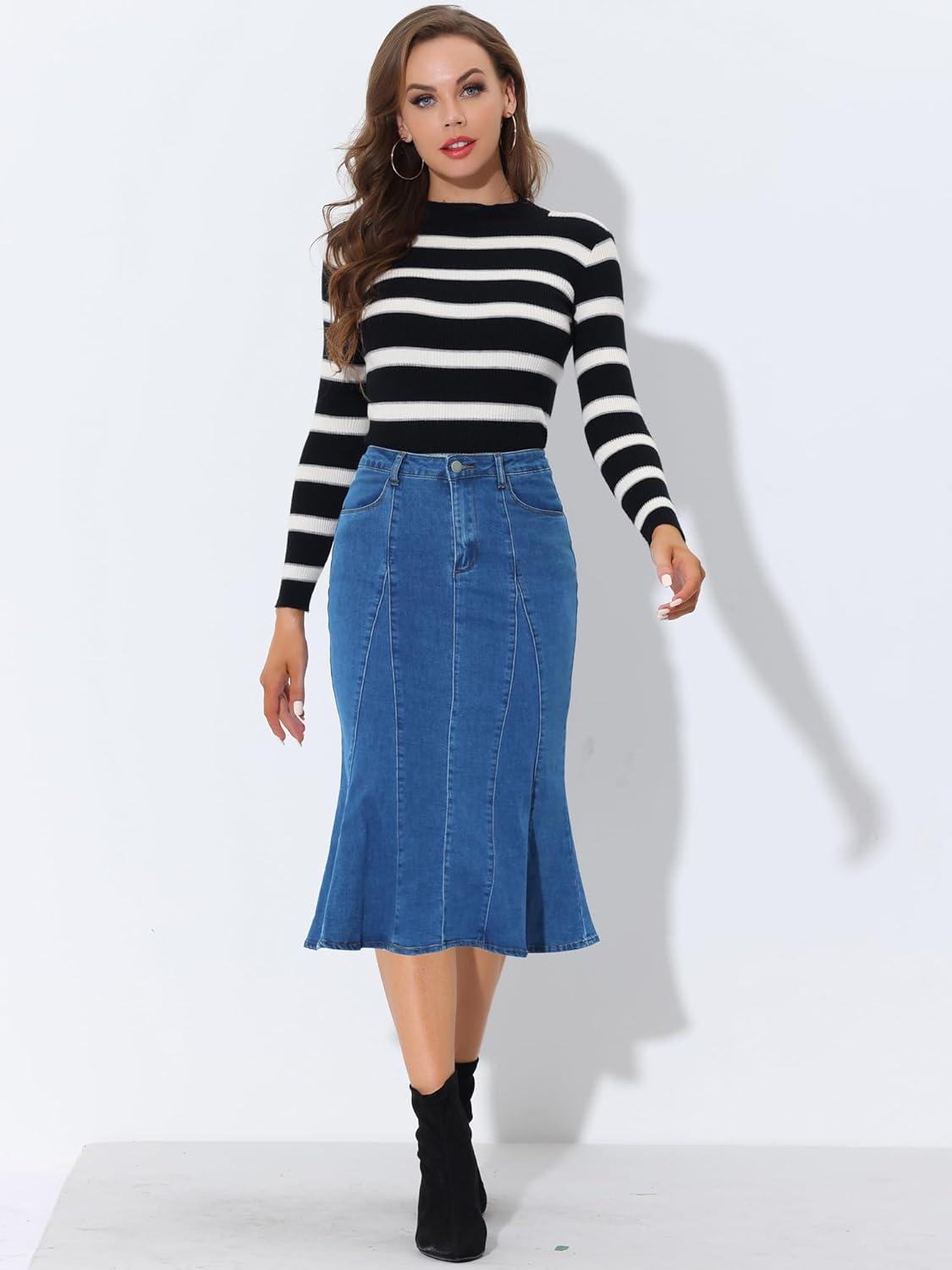 imageAllegra K Womens Ruffle Denim Skirt Midi Bodycon High Waist Fishtail Jean SkirtsBlue