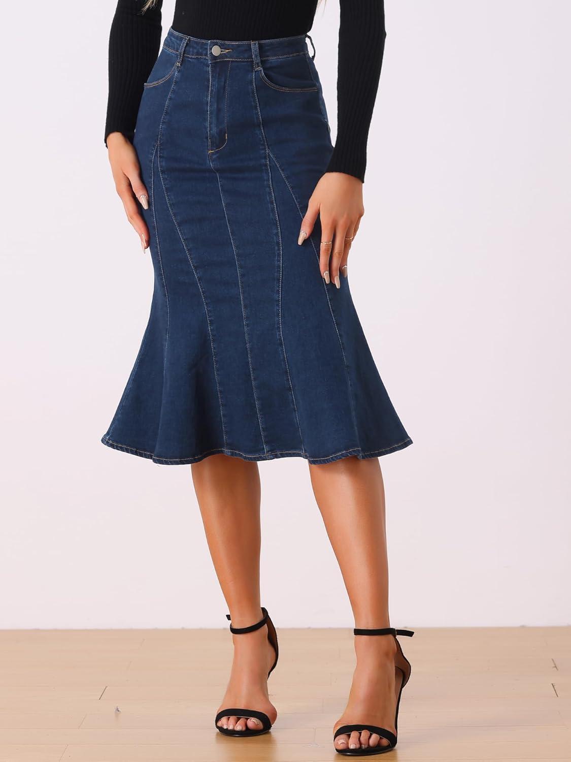 imageAllegra K Womens Ruffle Denim Skirt Midi Bodycon High Waist Fishtail Jean SkirtsDeep Blue
