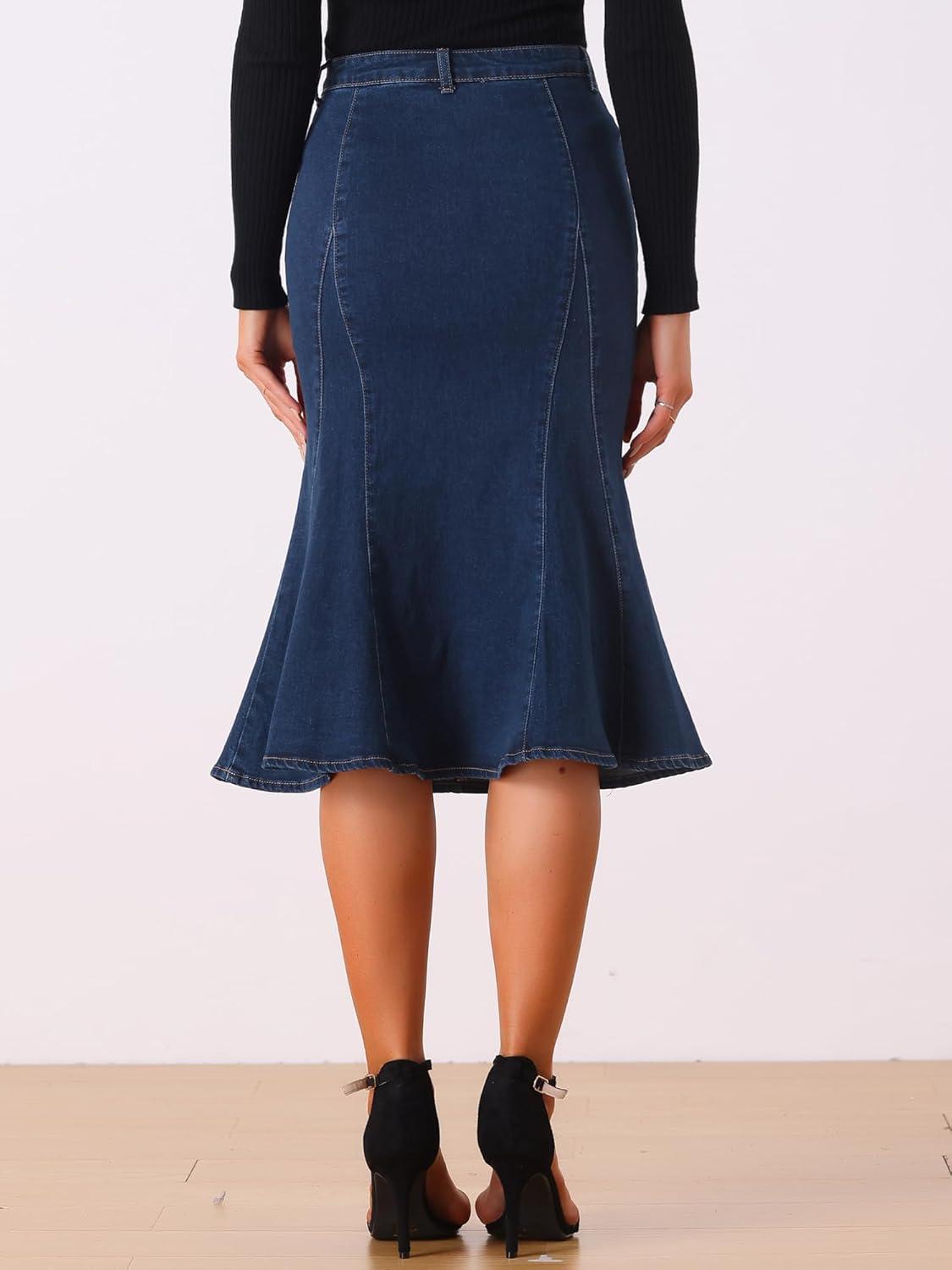 imageAllegra K Womens Ruffle Denim Skirt Midi Bodycon High Waist Fishtail Jean SkirtsDeep Blue