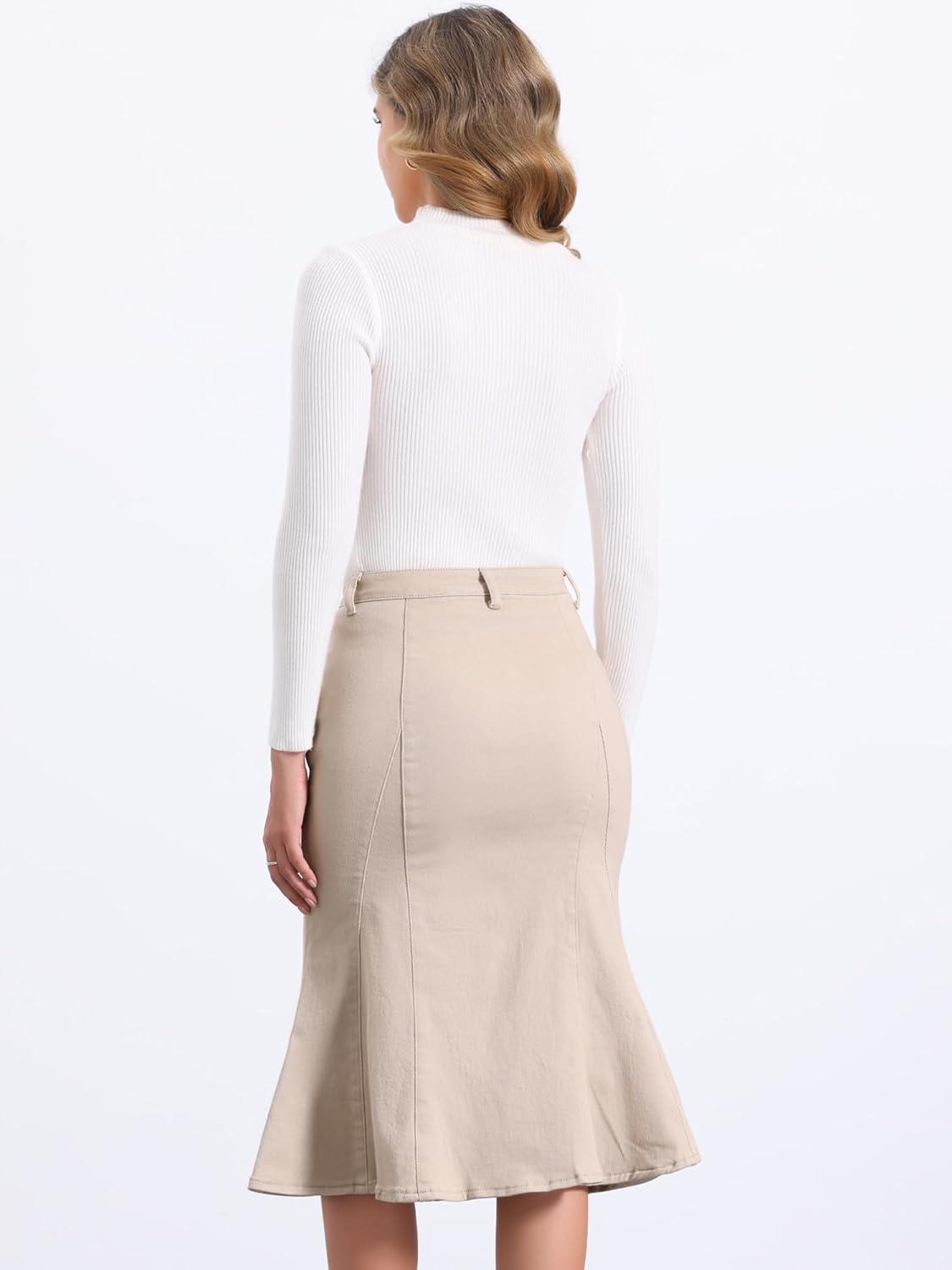 imageAllegra K Womens Ruffle Denim Skirt Midi Bodycon High Waist Fishtail Jean SkirtsLight Khaki