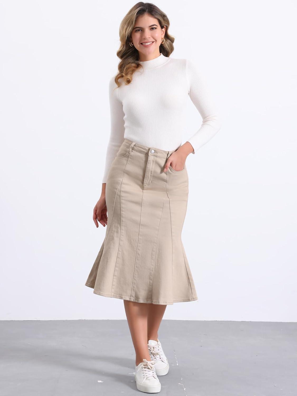 imageAllegra K Womens Ruffle Denim Skirt Midi Bodycon High Waist Fishtail Jean SkirtsLight Khaki