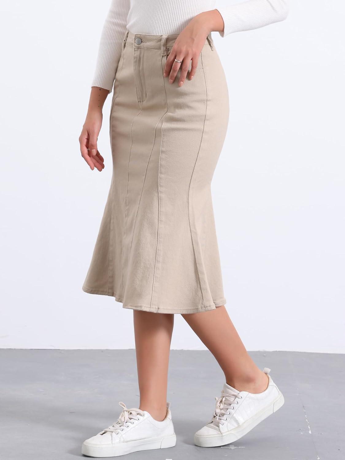 imageAllegra K Womens Ruffle Denim Skirt Midi Bodycon High Waist Fishtail Jean SkirtsLight Khaki