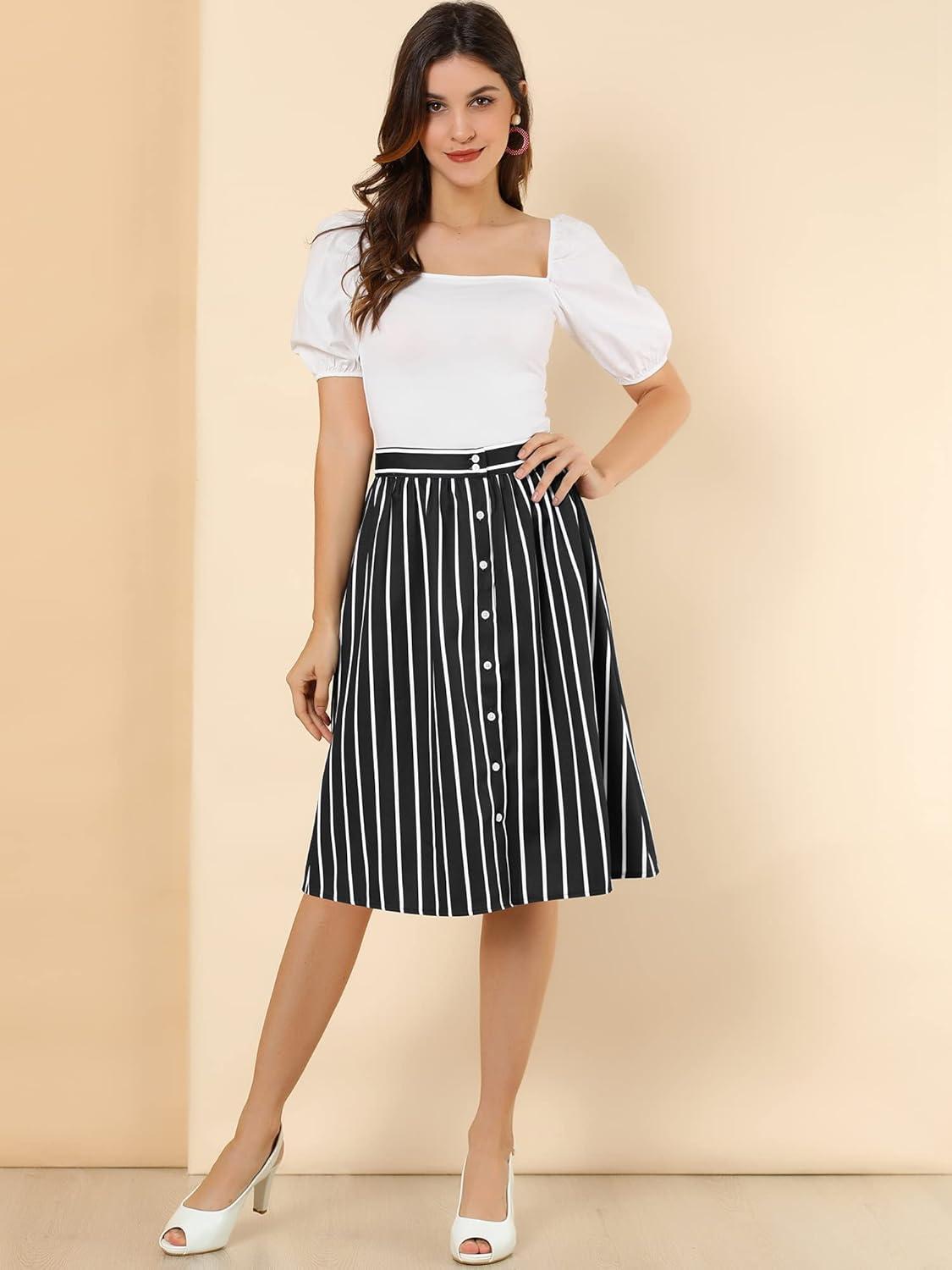 imageAllegra K Womens Striped Button Front Elastic Back Waist ALine Midi SkirtBlack