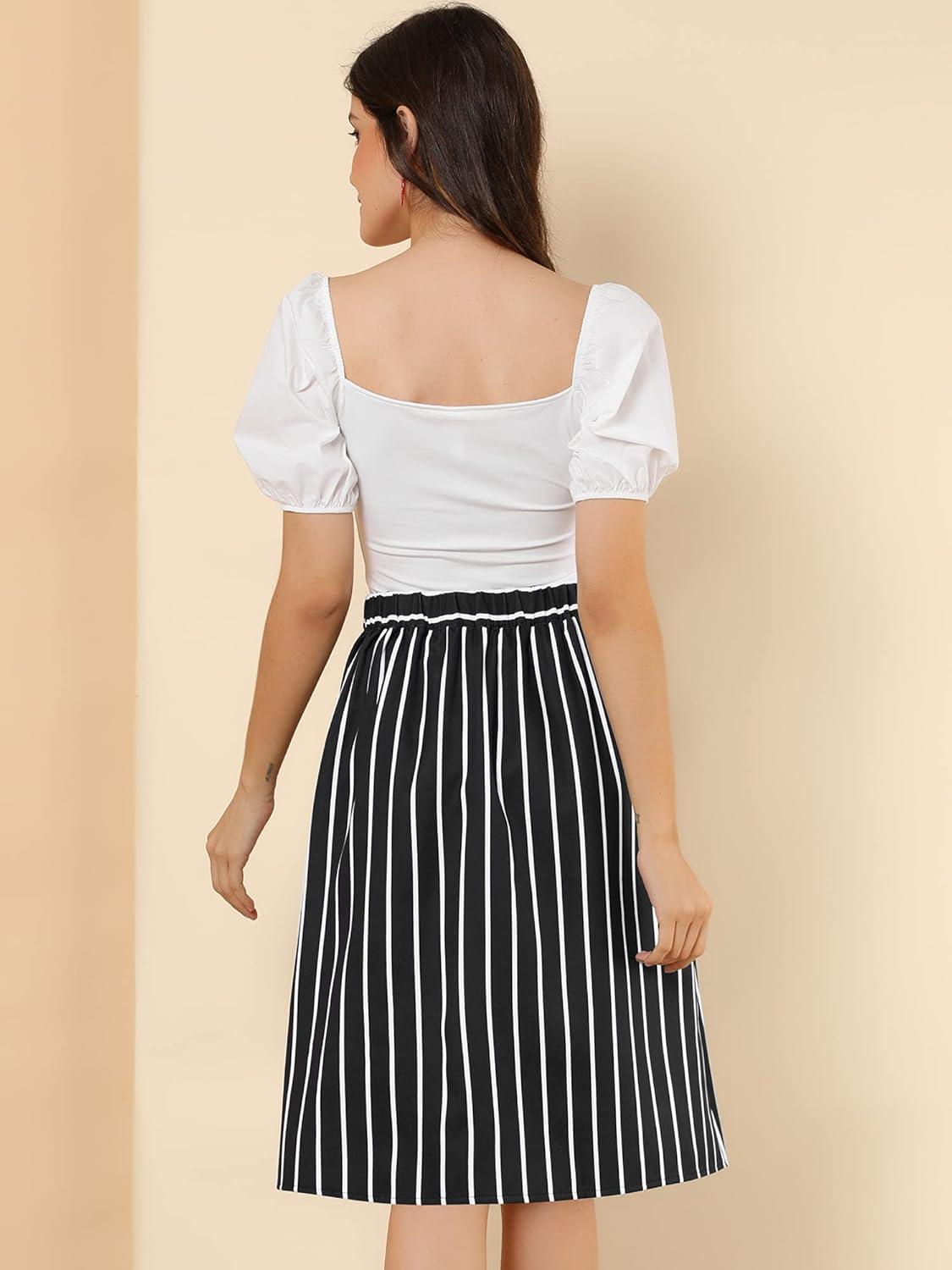 imageAllegra K Womens Striped Button Front Elastic Back Waist ALine Midi SkirtBlack