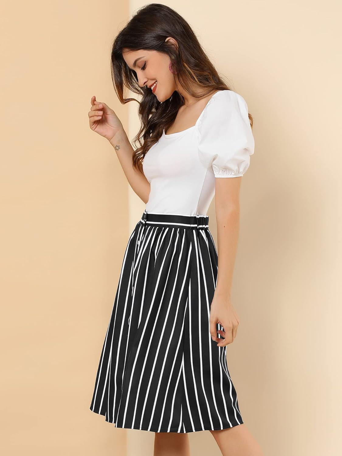 imageAllegra K Womens Striped Button Front Elastic Back Waist ALine Midi SkirtBlack