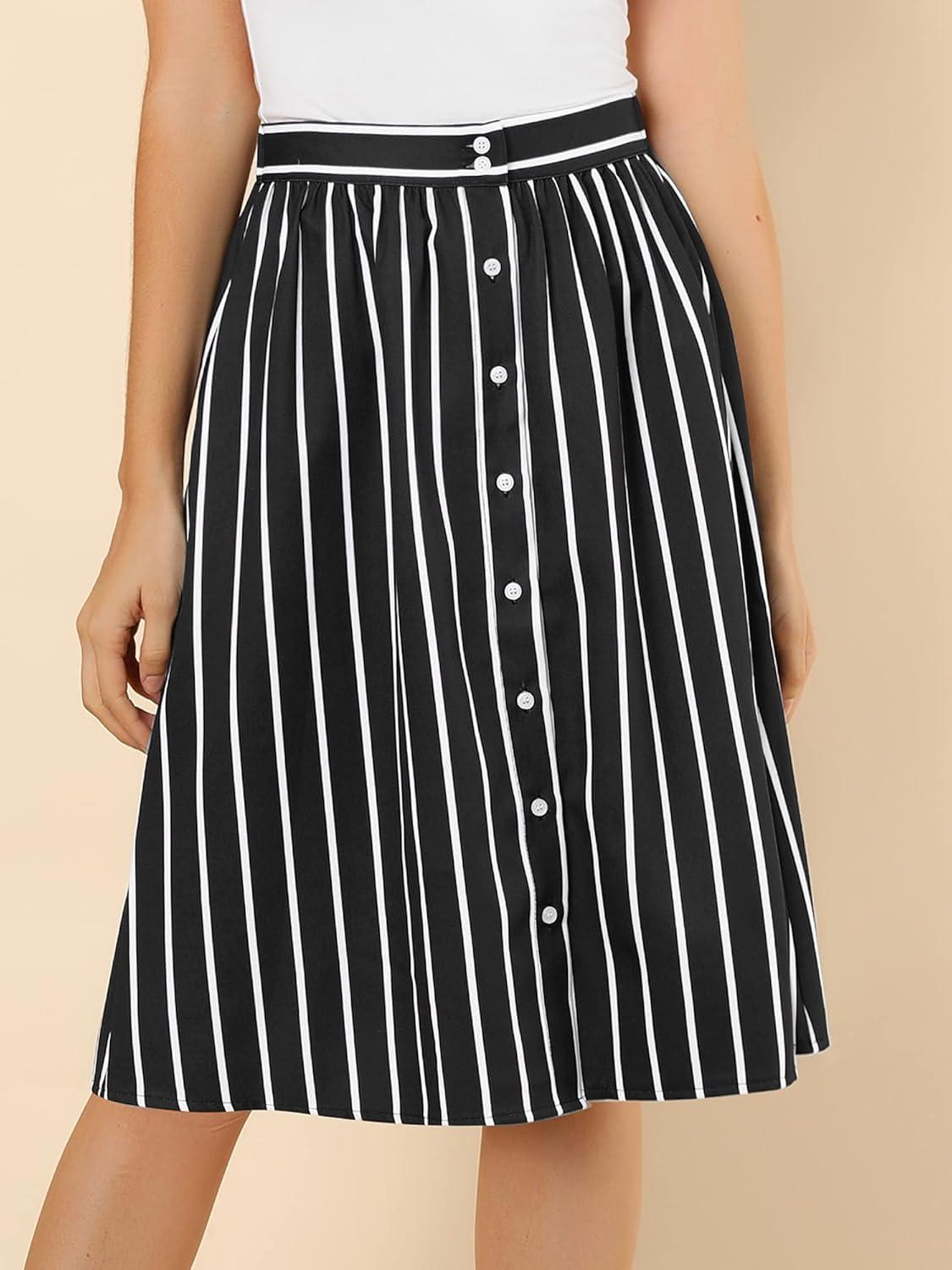 imageAllegra K Womens Striped Button Front Elastic Back Waist ALine Midi SkirtBlack