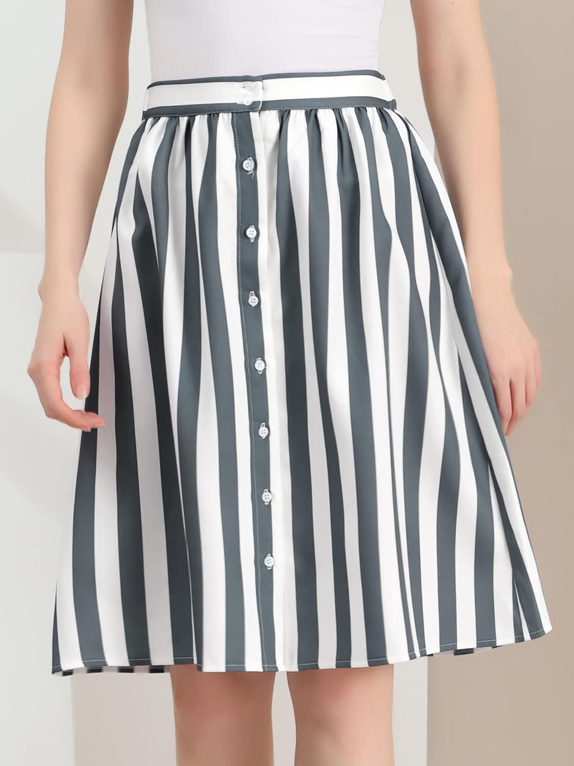 imageAllegra K Womens Striped Button Front Elastic Back Waist ALine Midi SkirtGray