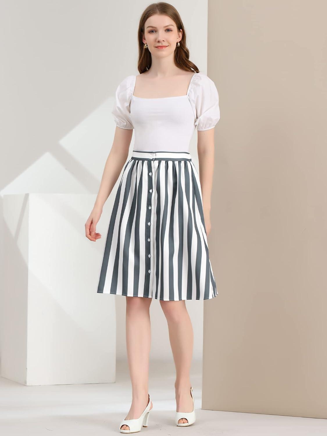 imageAllegra K Womens Striped Button Front Elastic Back Waist ALine Midi SkirtGray