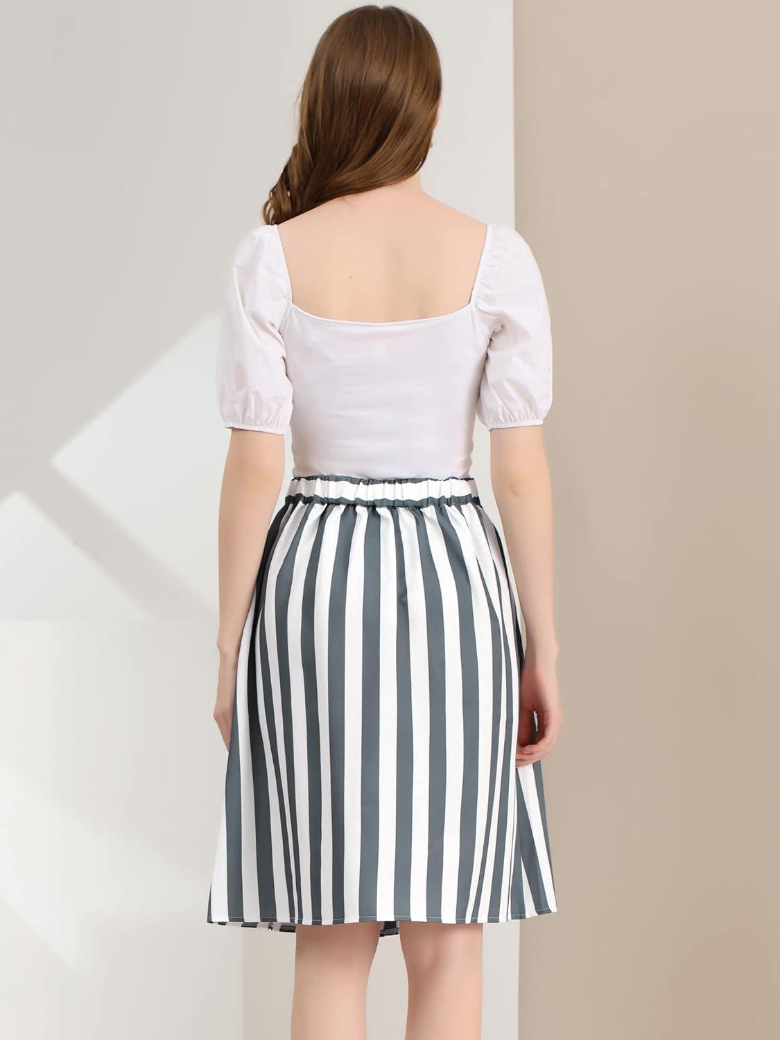 imageAllegra K Womens Striped Button Front Elastic Back Waist ALine Midi SkirtGray