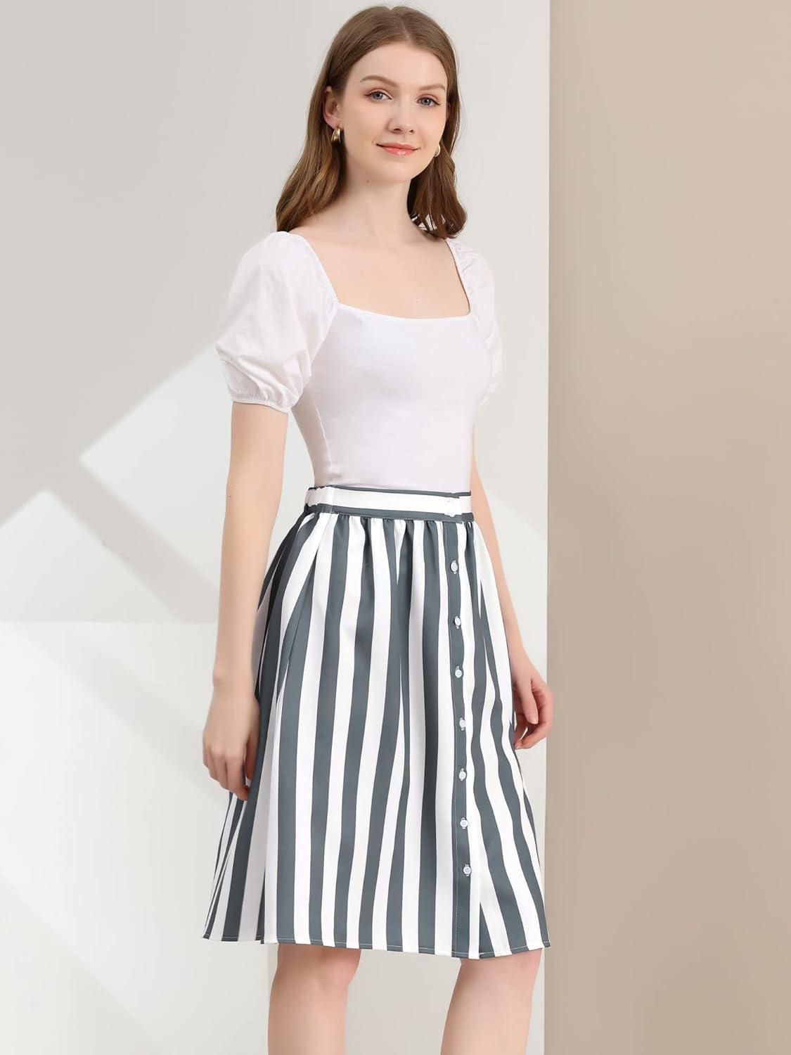 imageAllegra K Womens Striped Button Front Elastic Back Waist ALine Midi SkirtGray