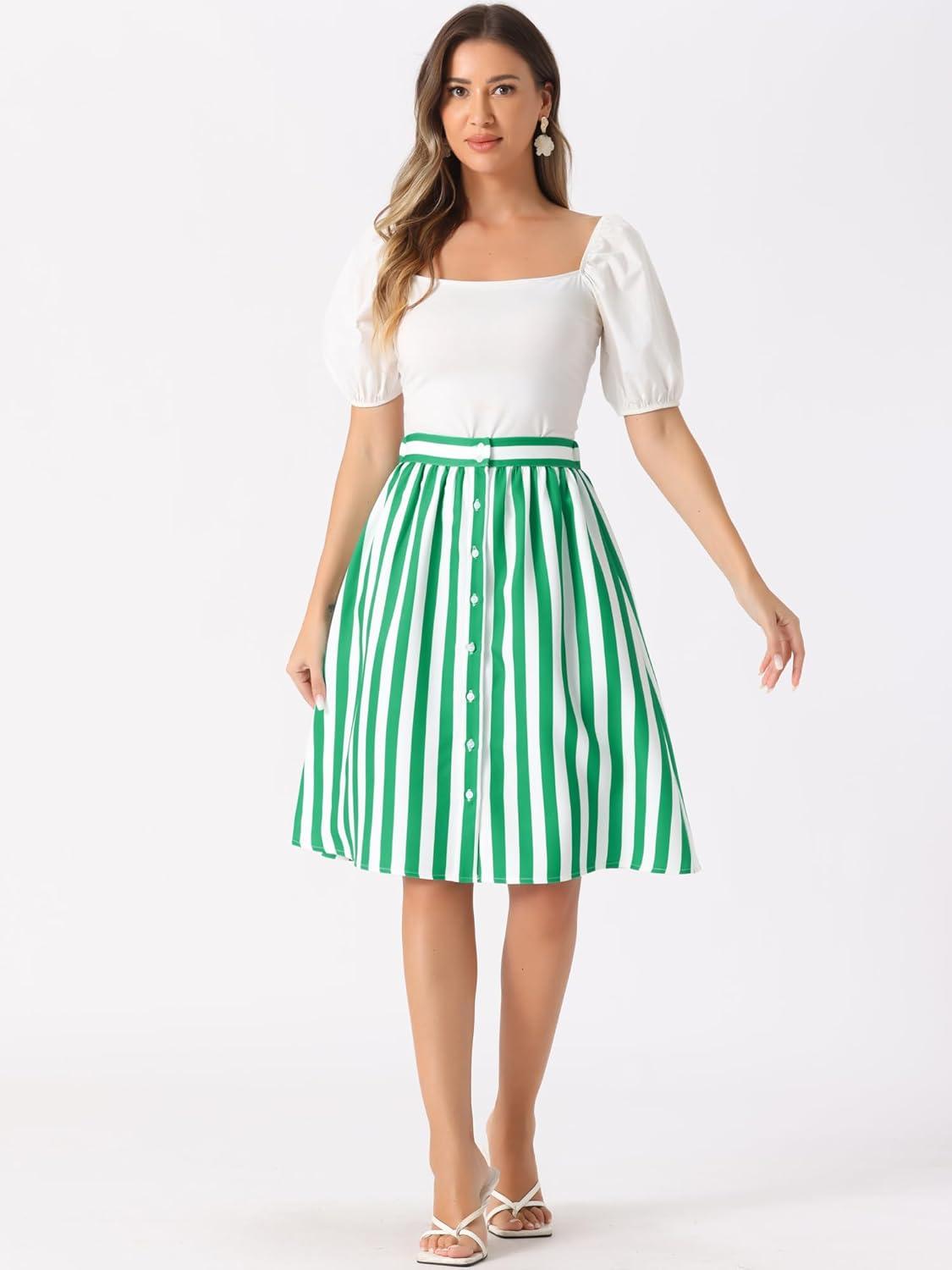 imageAllegra K Womens Striped Button Front Elastic Back Waist ALine Midi SkirtGreen