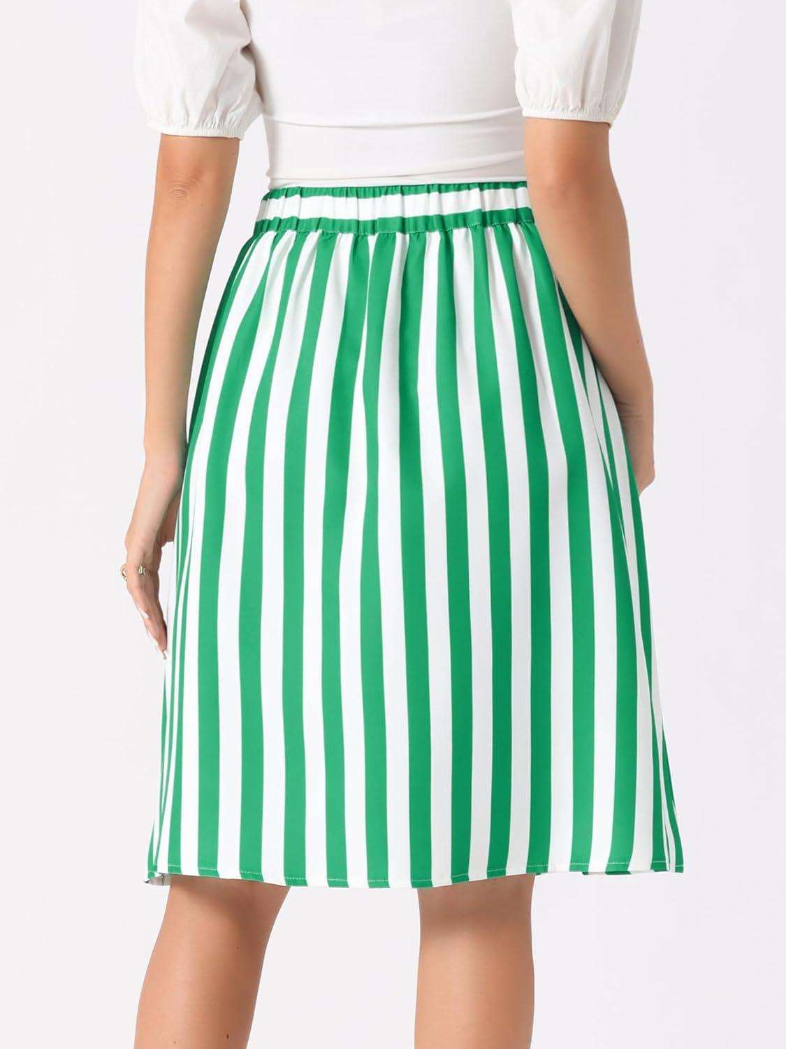 imageAllegra K Womens Striped Button Front Elastic Back Waist ALine Midi SkirtGreen