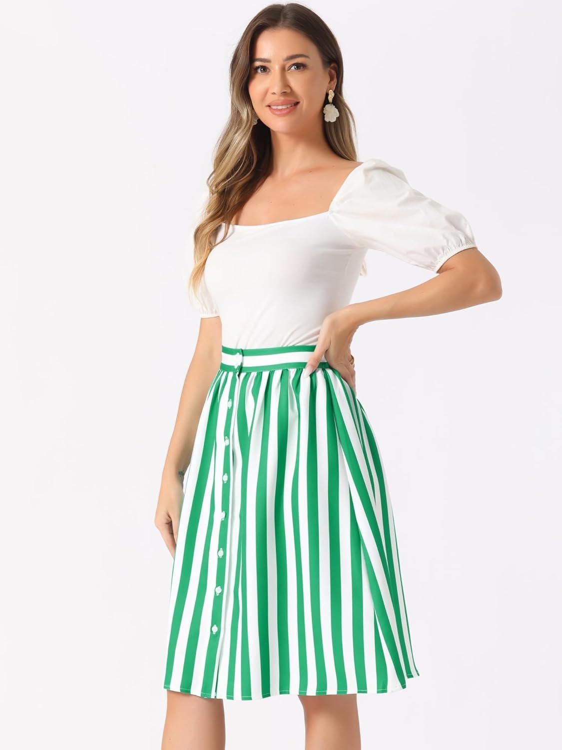 imageAllegra K Womens Striped Button Front Elastic Back Waist ALine Midi SkirtGreen