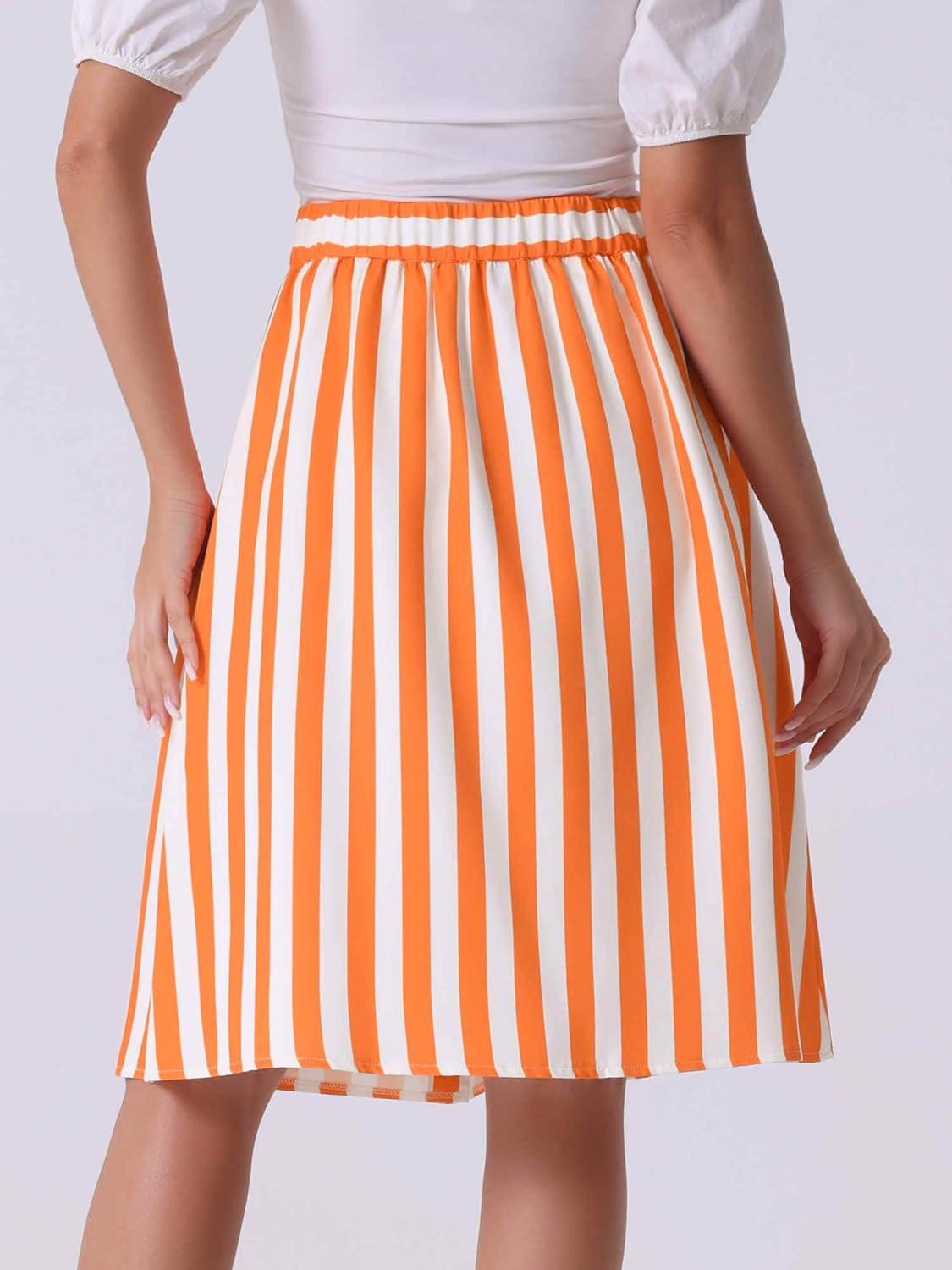 imageAllegra K Womens Striped Button Front Elastic Back Waist ALine Midi SkirtOrange