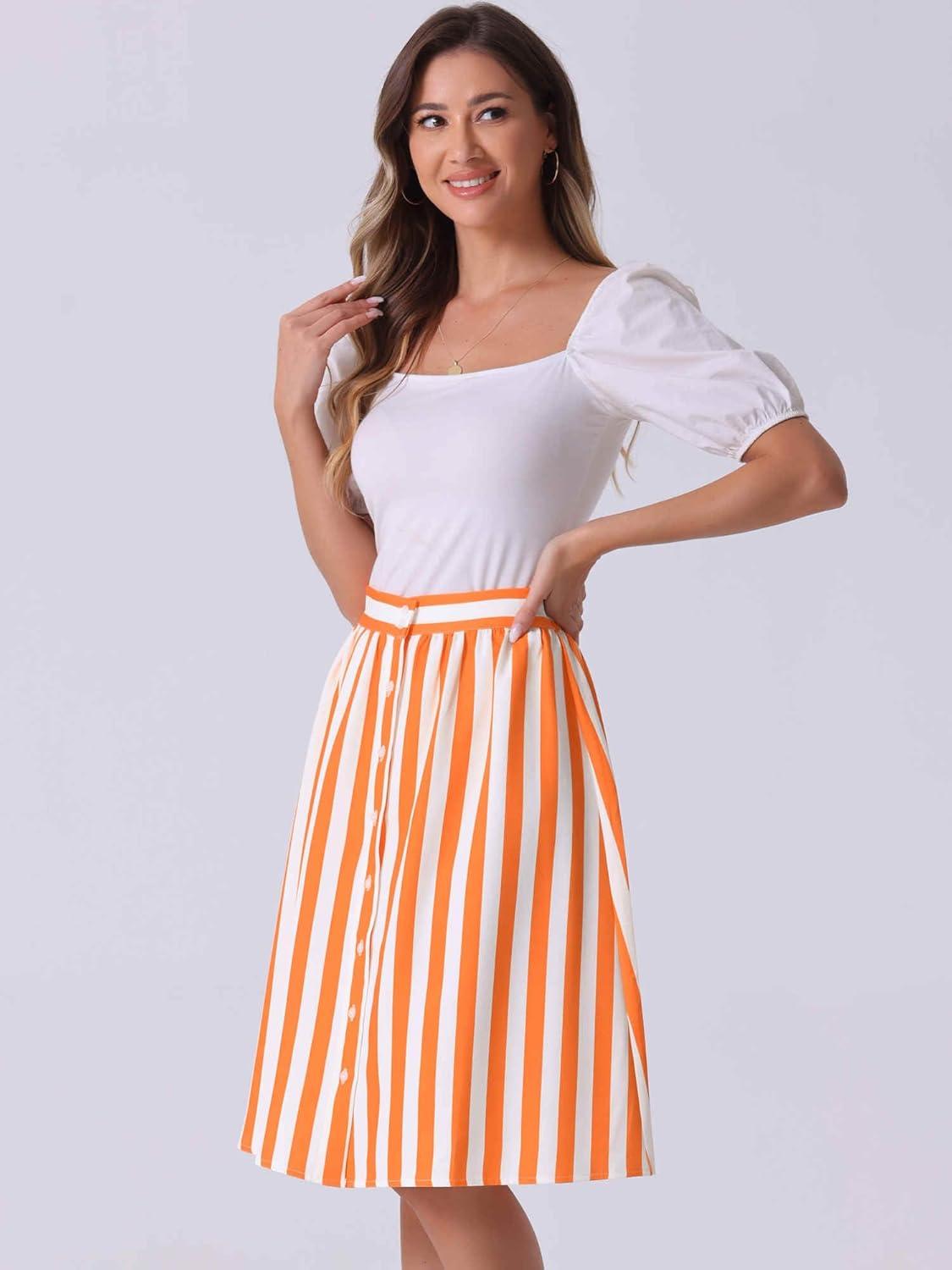 imageAllegra K Womens Striped Button Front Elastic Back Waist ALine Midi SkirtOrange