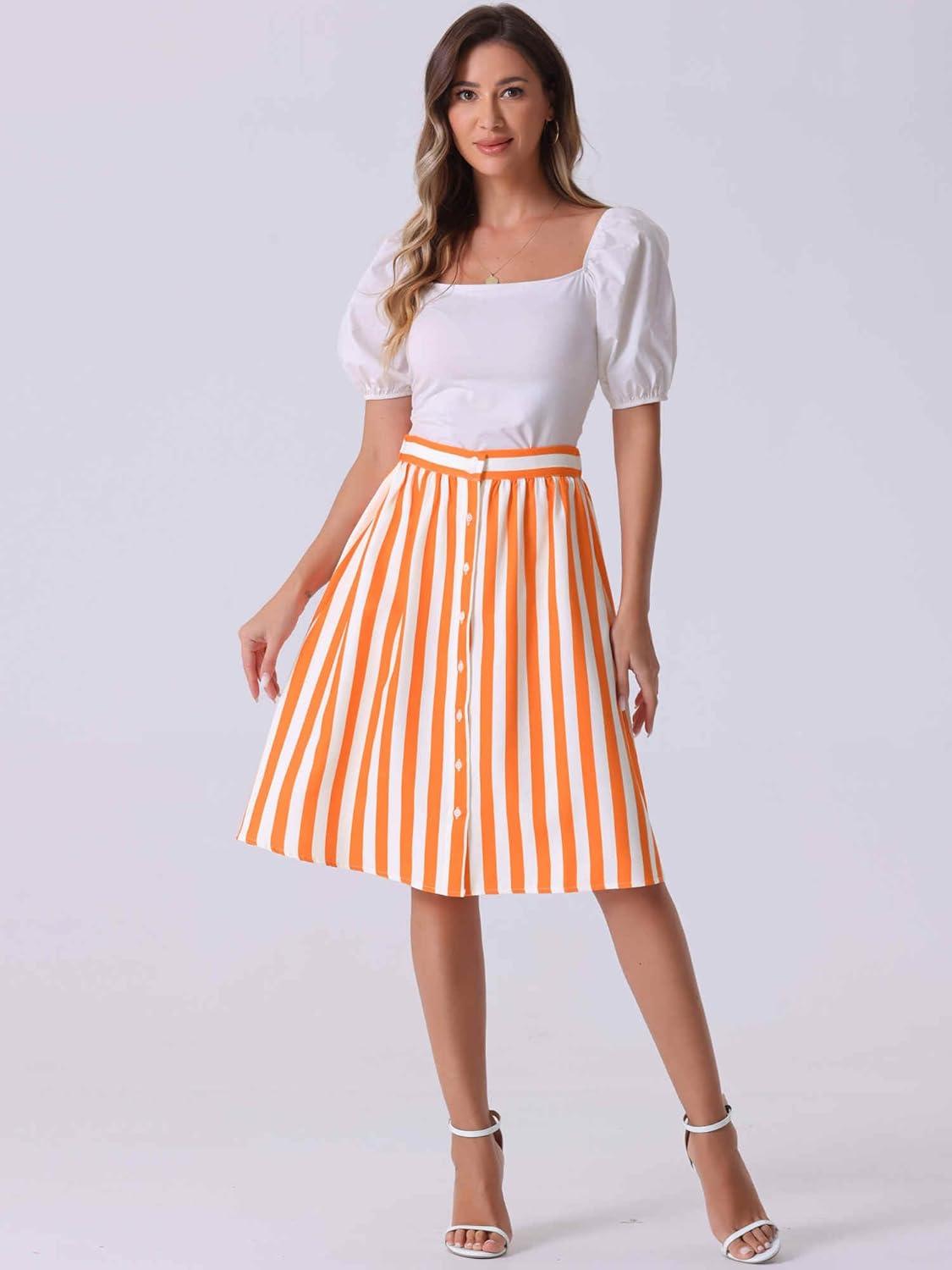 imageAllegra K Womens Striped Button Front Elastic Back Waist ALine Midi SkirtOrange