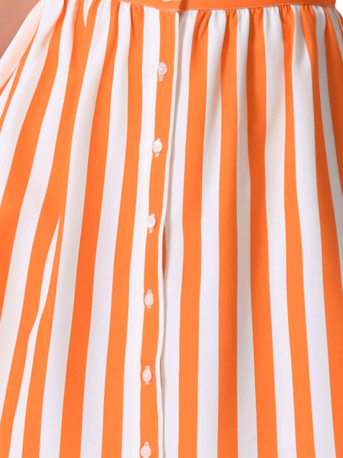 imageAllegra K Womens Striped Button Front Elastic Back Waist ALine Midi SkirtOrange