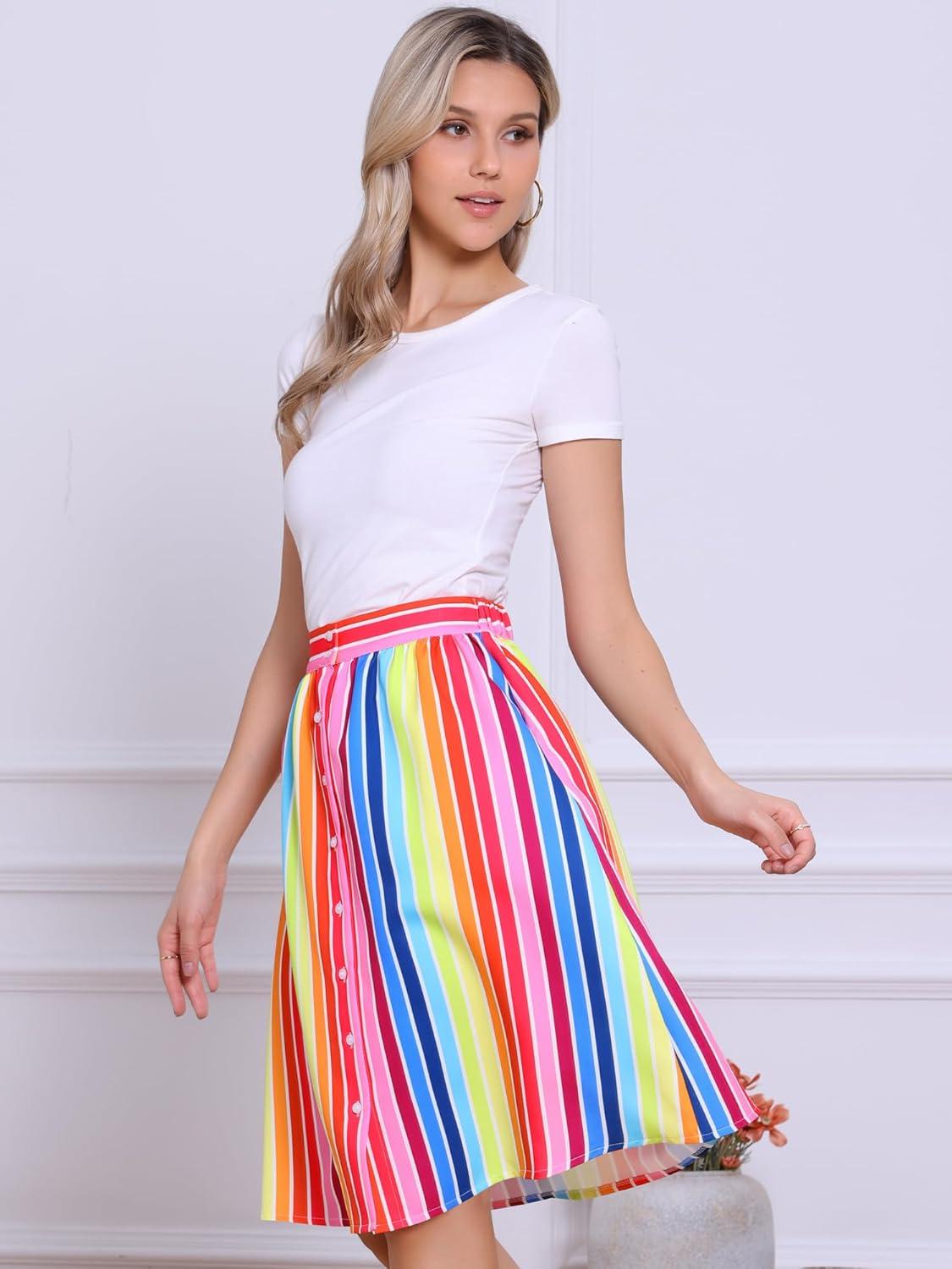 imageAllegra K Womens Striped Button Front Elastic Back Waist ALine Midi SkirtRainbow