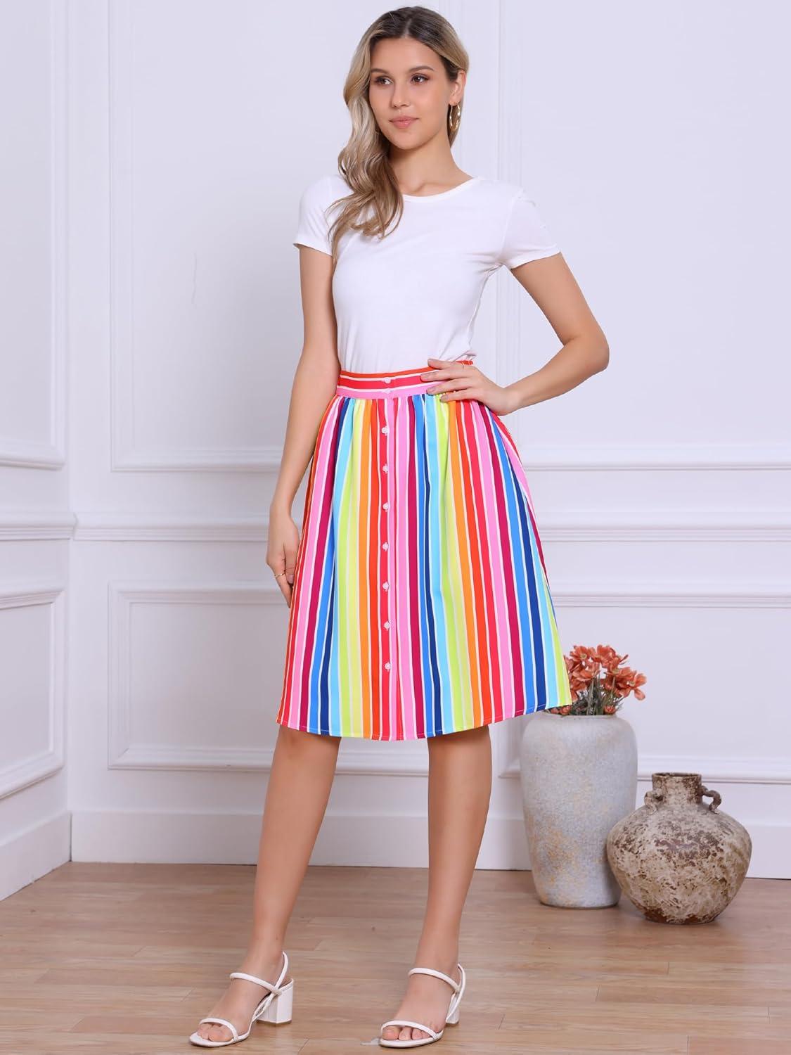imageAllegra K Womens Striped Button Front Elastic Back Waist ALine Midi SkirtRainbow