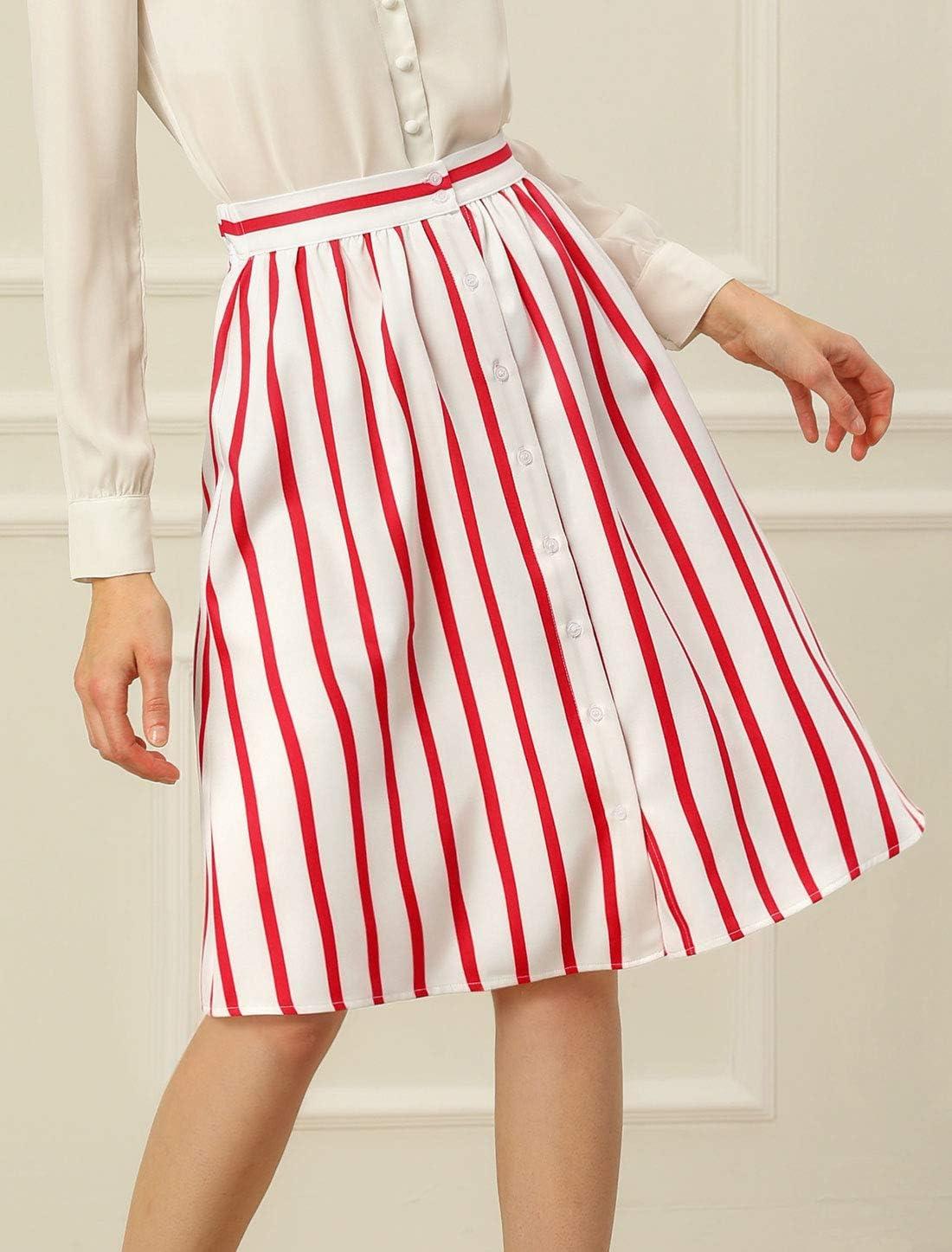 imageAllegra K Womens Striped Button Front Elastic Back Waist ALine Midi SkirtRed