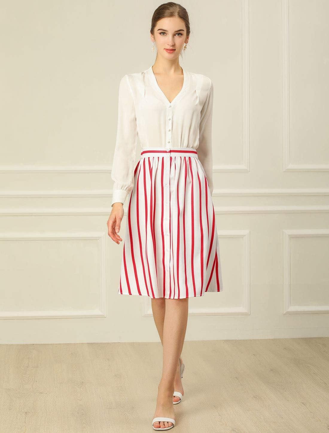 imageAllegra K Womens Striped Button Front Elastic Back Waist ALine Midi SkirtRed