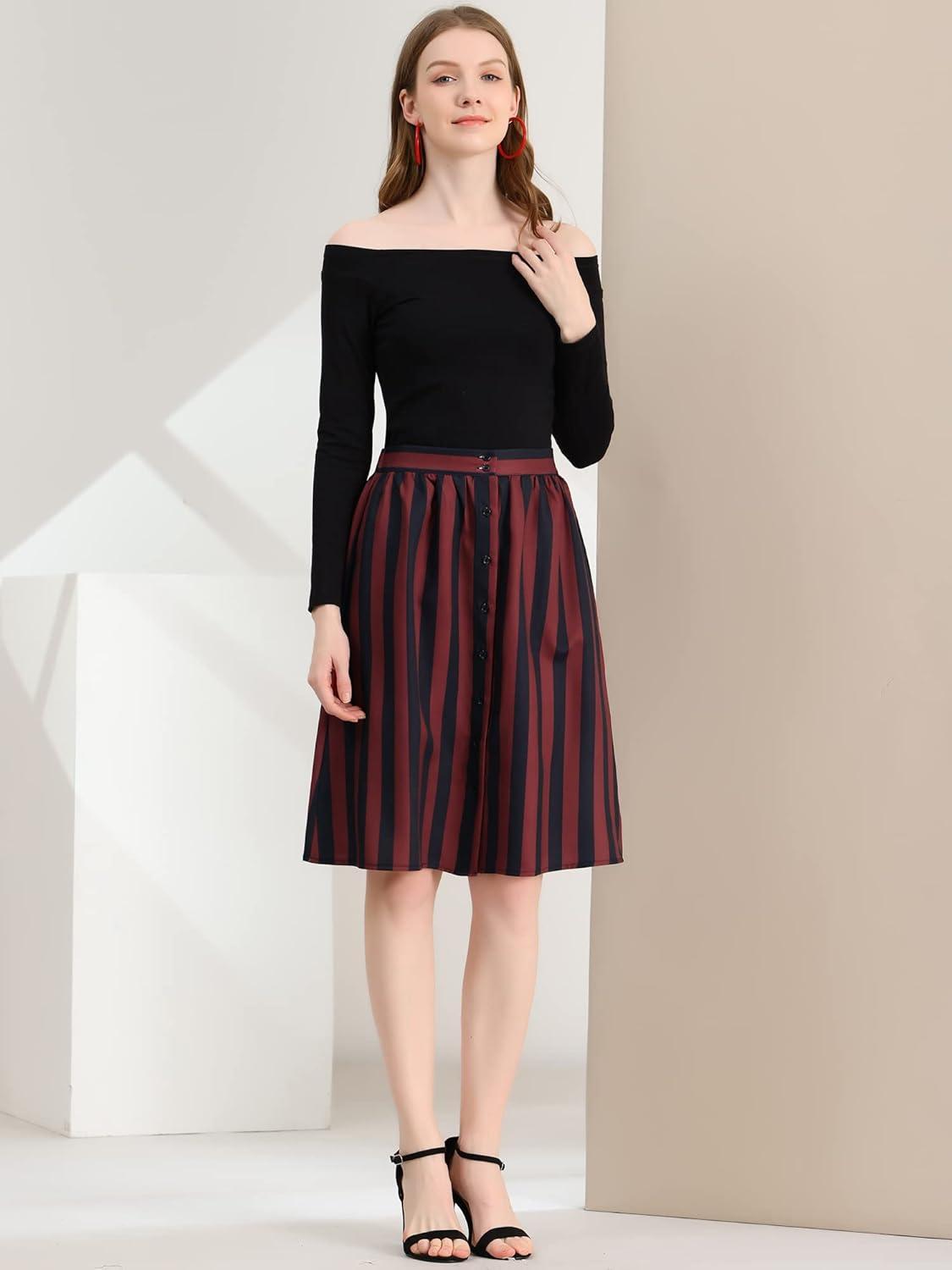 imageAllegra K Womens Striped Button Front Elastic Back Waist ALine Midi SkirtRed Black